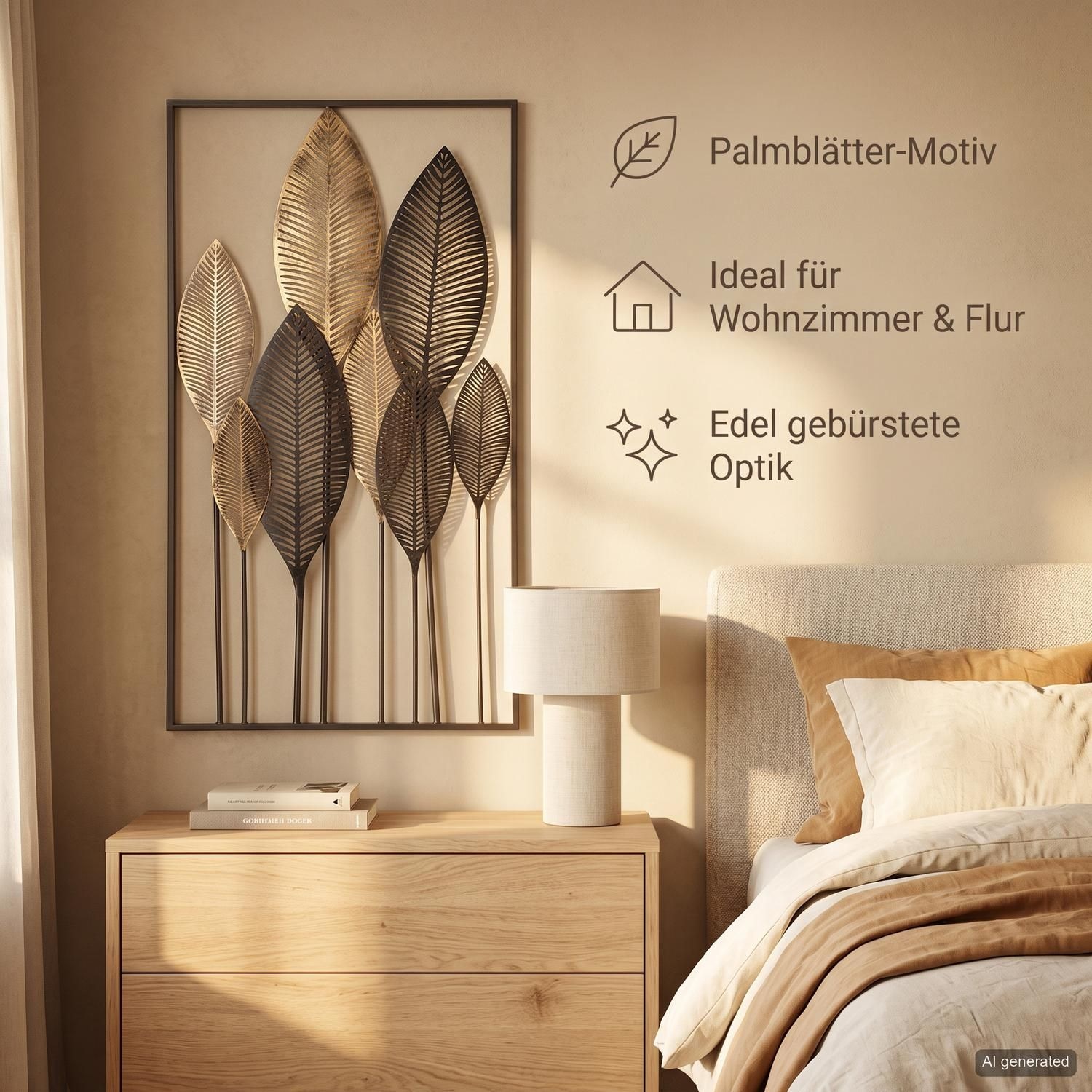 GILDE Objet de décoration murale »Wandrelief Palmblätter« Couleur champagne avec finition antique, décoration murale