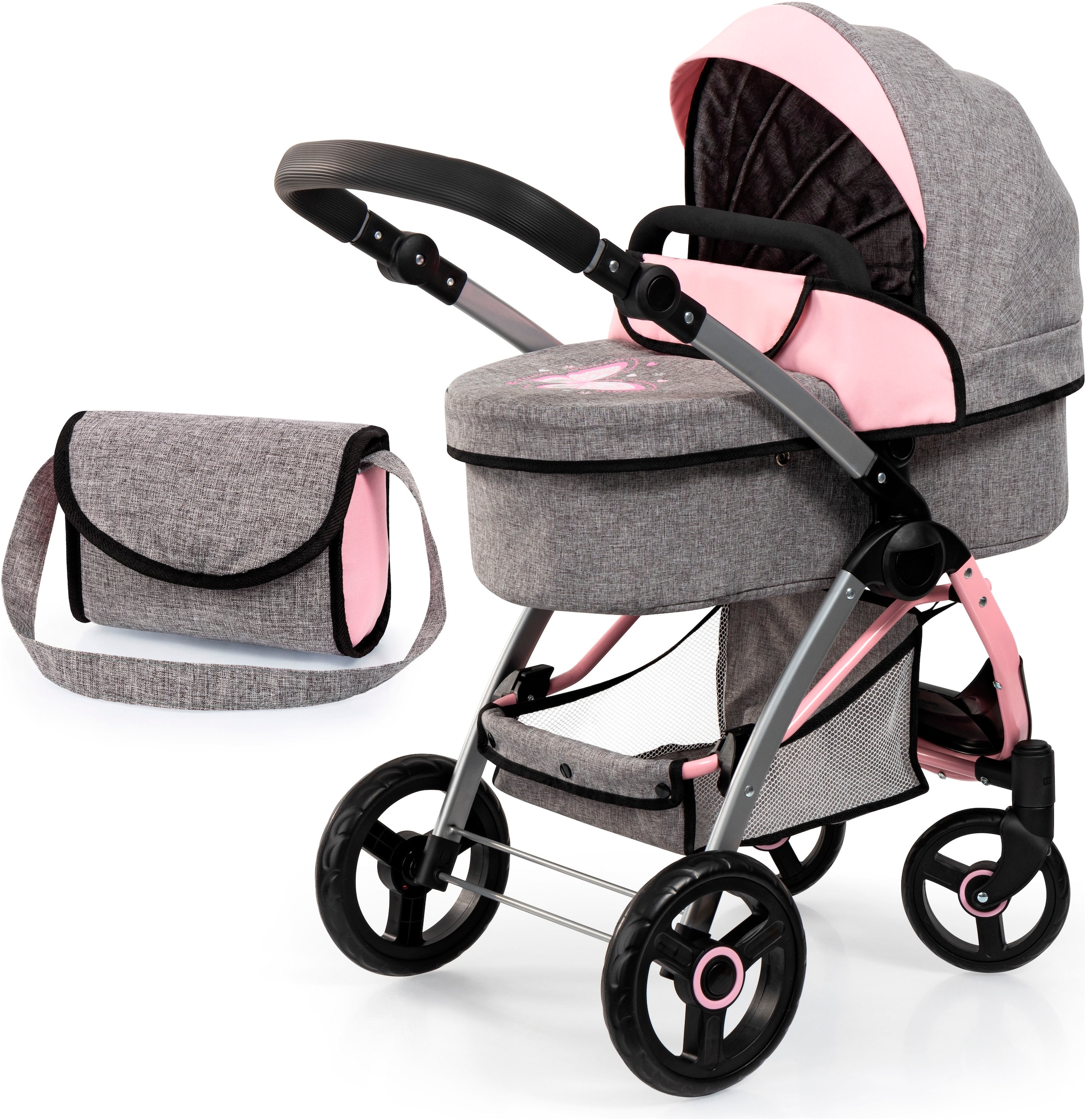 Image of Bayer Kombi-Puppenwagen "City Max grau/rosa" mit Wickeltasche