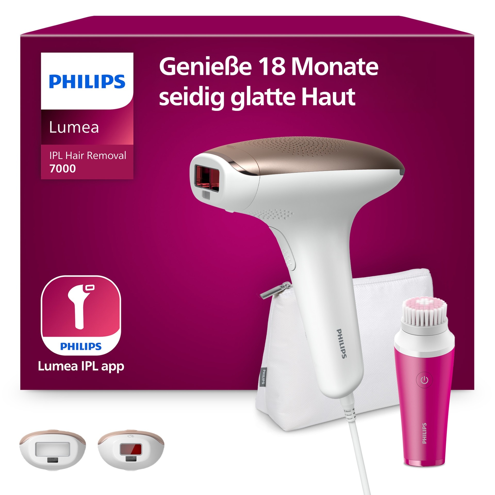 Philips IPL-Haarentferner "Philips Lumea Series 7000 BRI924/00" 250000 Lichtimpulse 2 Aufsätze (Körper und Gesicht), inkl. Visa Pure Mini-Gesichtsbürste