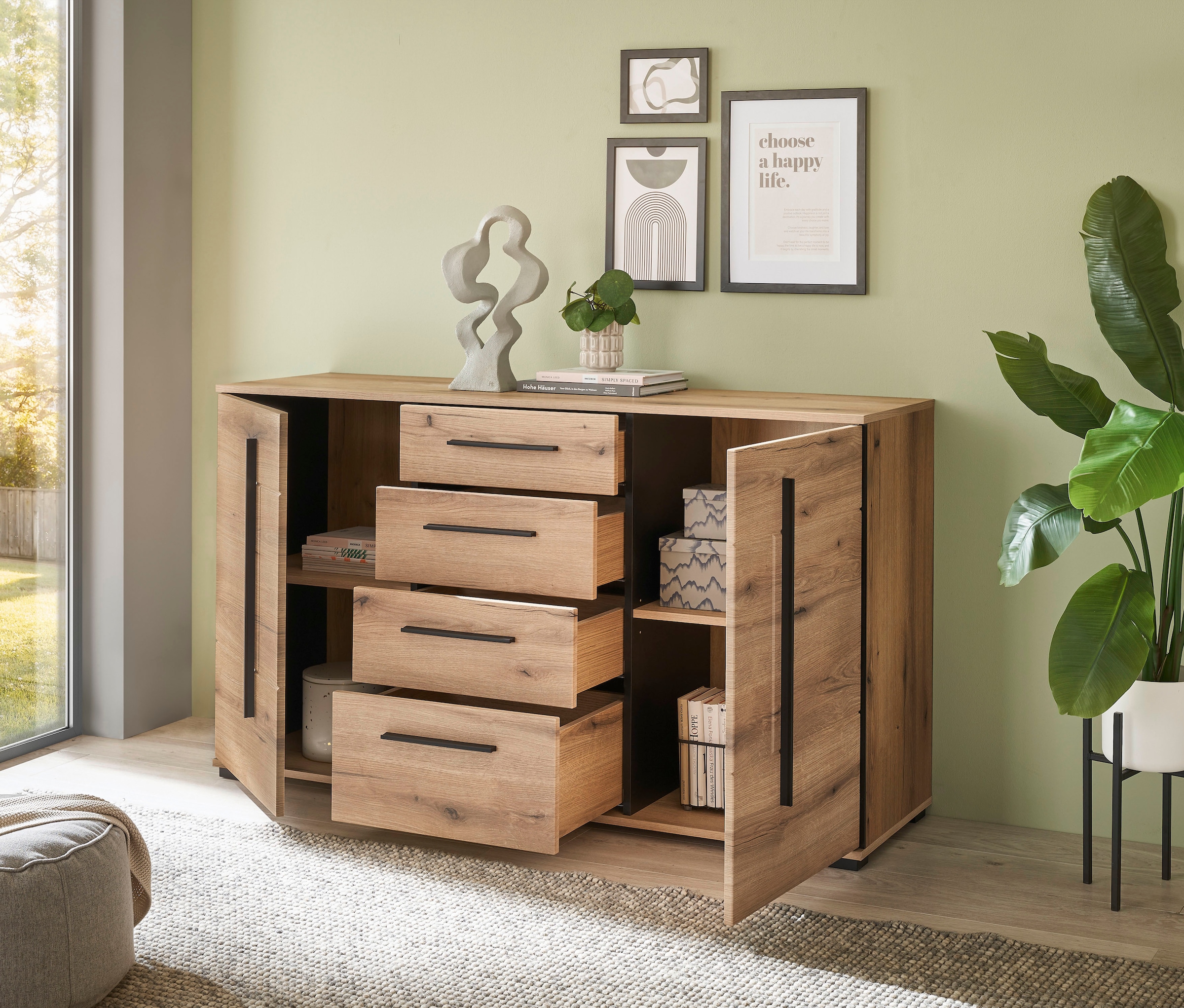 INOSIGN Sideboard »Cantara, moderner Schrank, Kommode in Eiche Evoke oder weiss«, schwarze Stangengriffe, ausreichend Stauraum, vielseitig einsetzbar