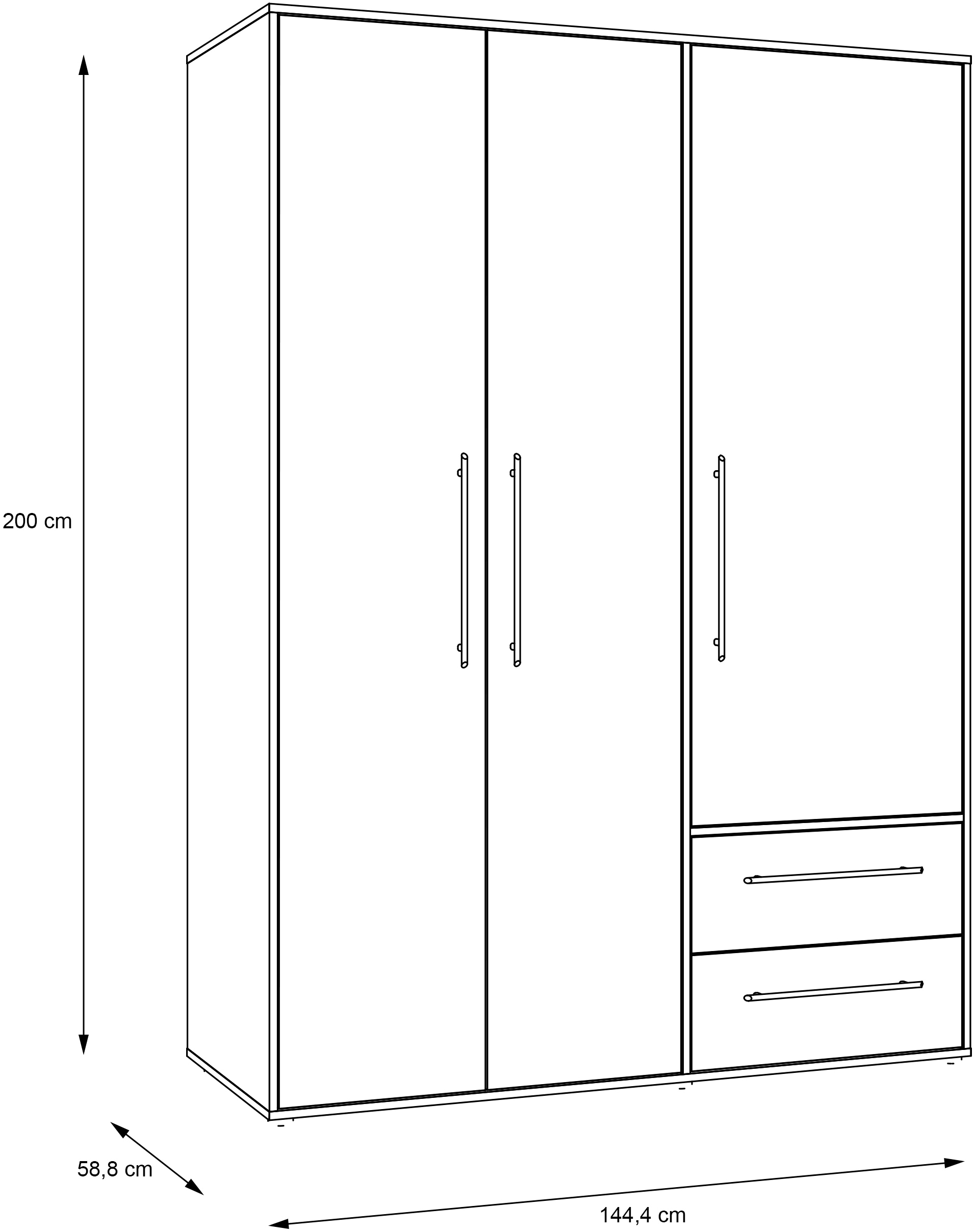 FORTE Armoires à vêtements »Mokkaris , Garderobe, zeitloses Design, 3 Türen, Made in Europe« L/H/P env. 144x200x59 cm,  Deux tiroirs, poignées barres noires, rangement, aussi en noir