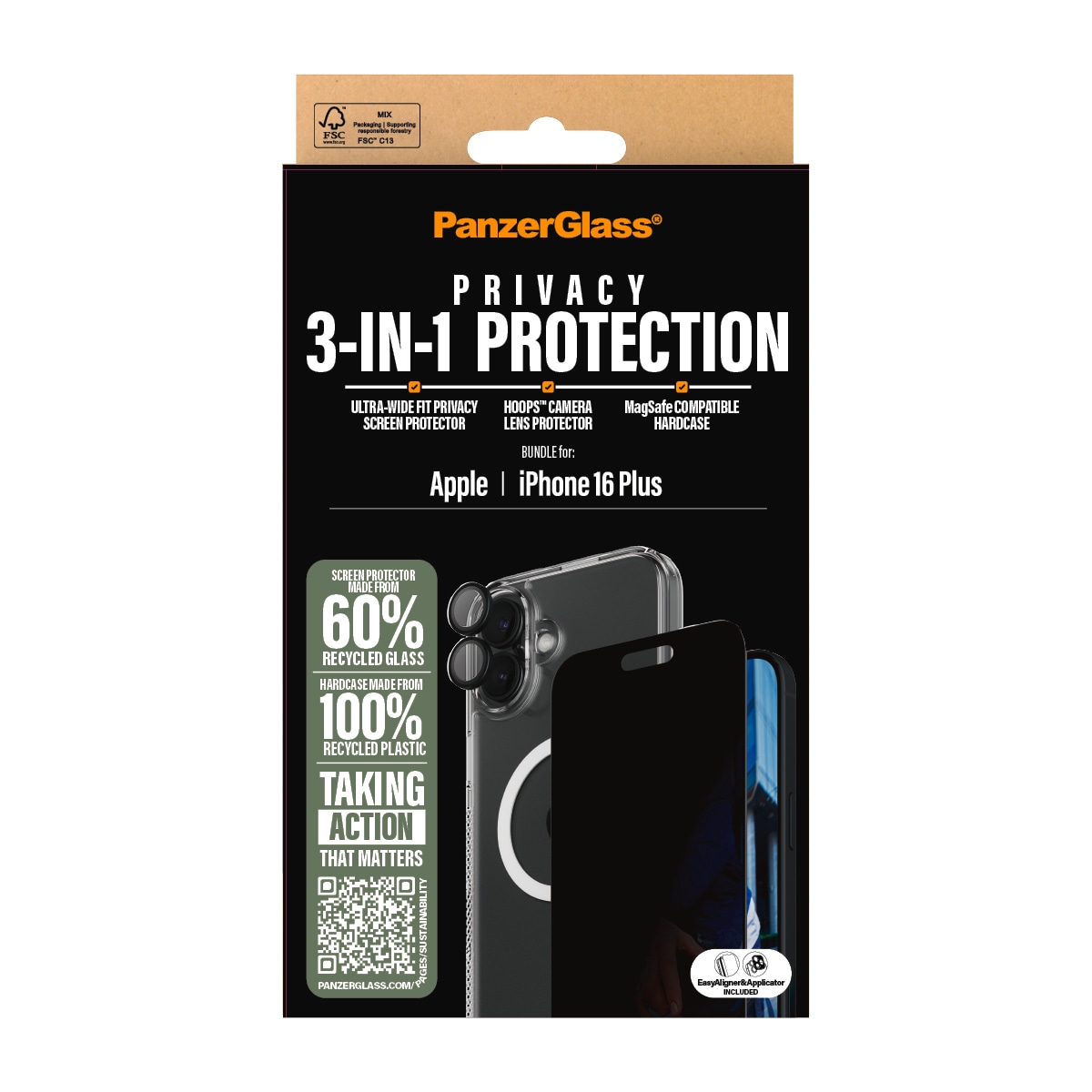 PanzerGlass Displayschutzglas »3-in-1 Privacy Protection, Glass, Hoops, Case«, für Apple iPhone 16 Plus, Displayschutzfolie, Schutzfolie, Bildschirmschutz, kratz- & stossfest