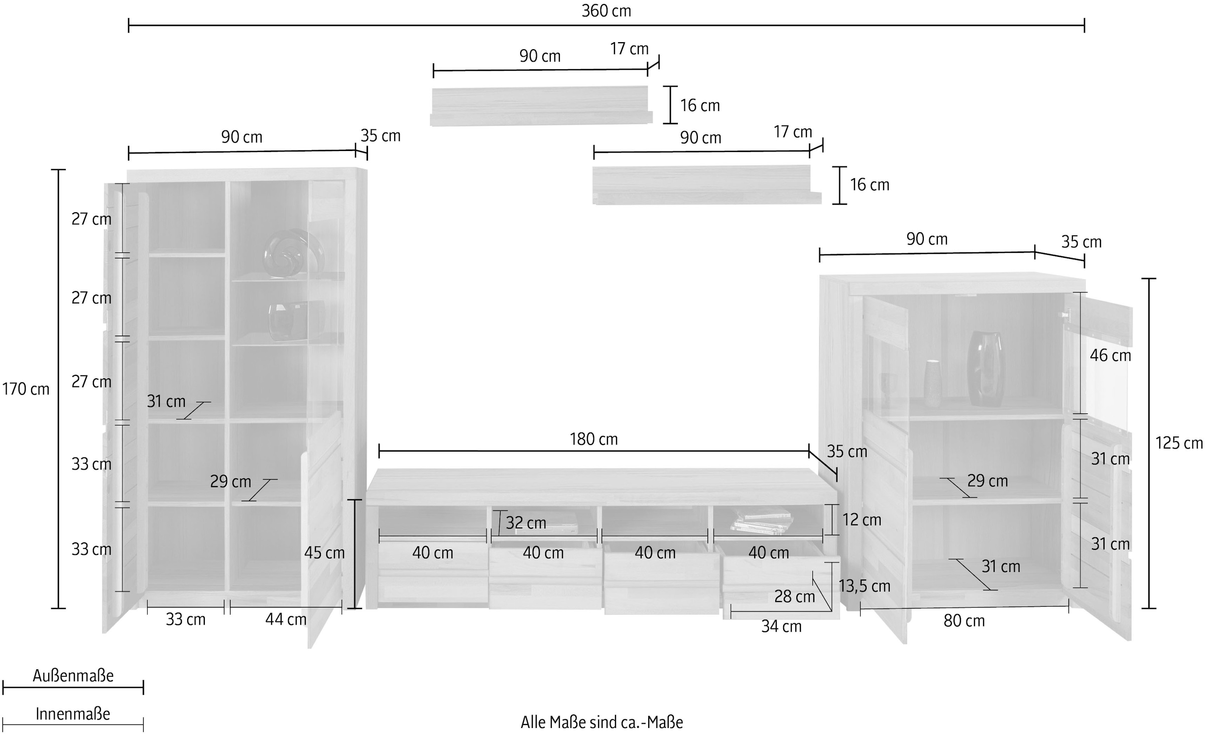 Home affaire Wohnwand »Silkeborg«, (Set, 5 St.), teilmassiv mit schöner, griffloser Optik