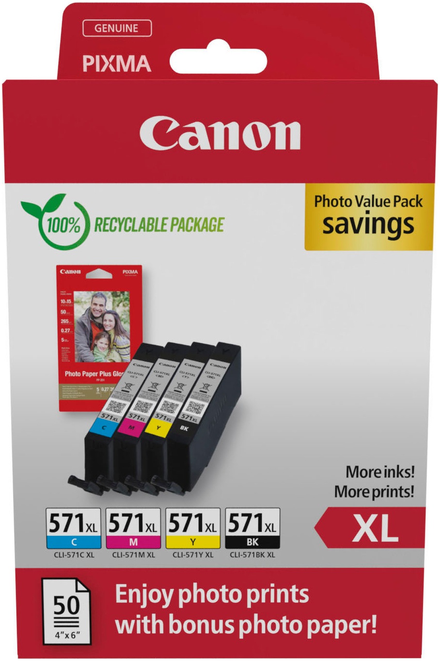 Canon Tintenpatrone »CLI-571 XL Multipack« original Druckerpatrone 571 XL, mit Fotopapier Value Pack