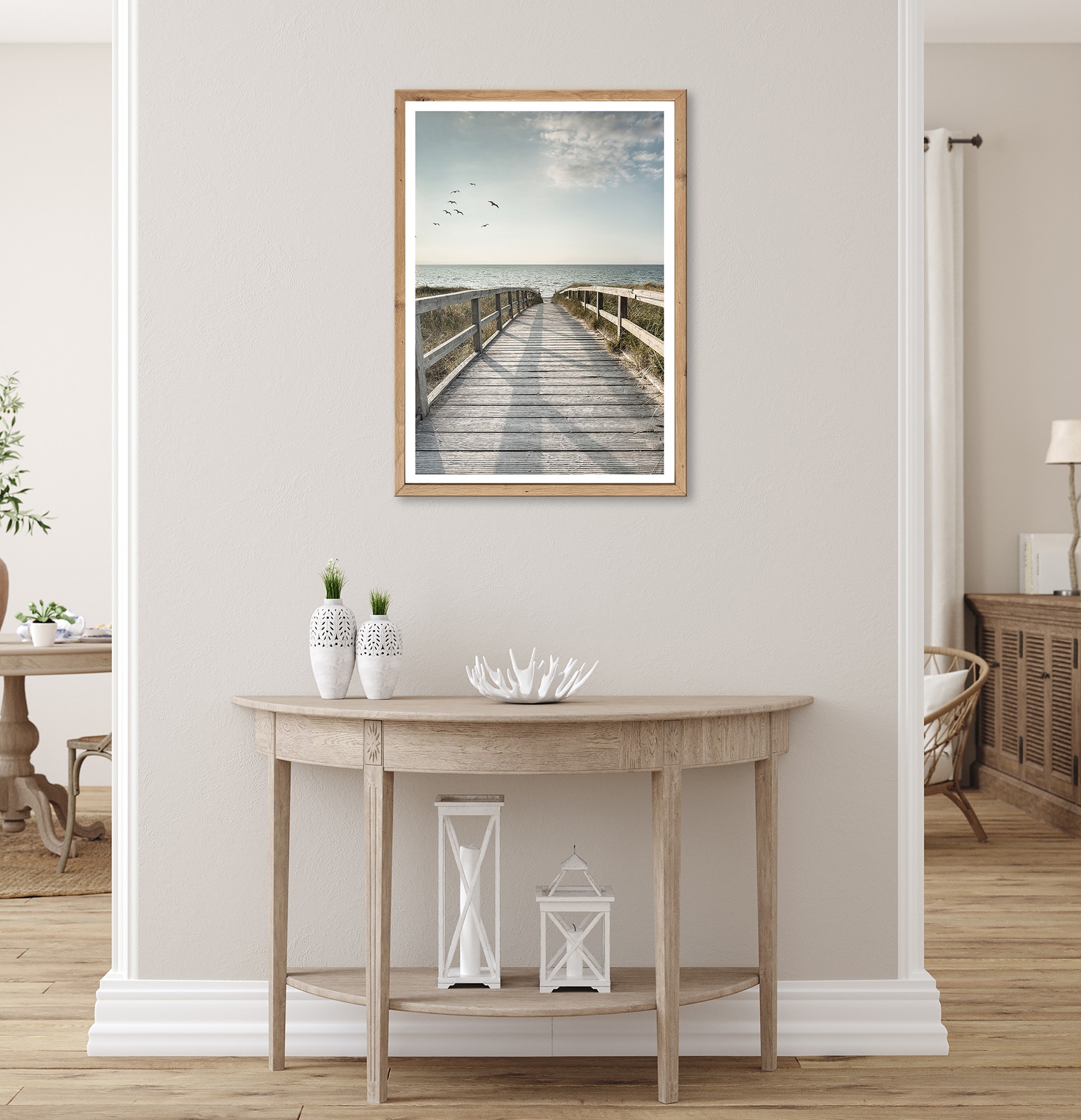 Bönninghoff Bild mit Rahmen »Wandbild gerahmt STEG ZUM MEER 50x70 cm – Maritime Küsten Deko« Meer | Natur | Steg | Strand | Vögel 1 Stk. tlg. mit dekorativem Rahmen
