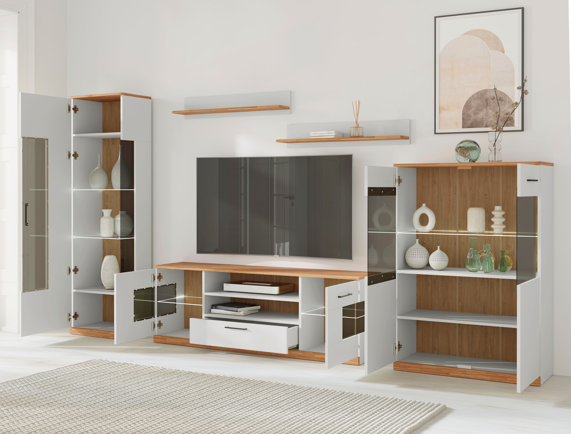 GOODproduct Wohnwand »Ribe: 5teilig, Breite: 300cm,Fronten aus Massivholz,Korpus aus Melamin« 5 Stk. tlg.
