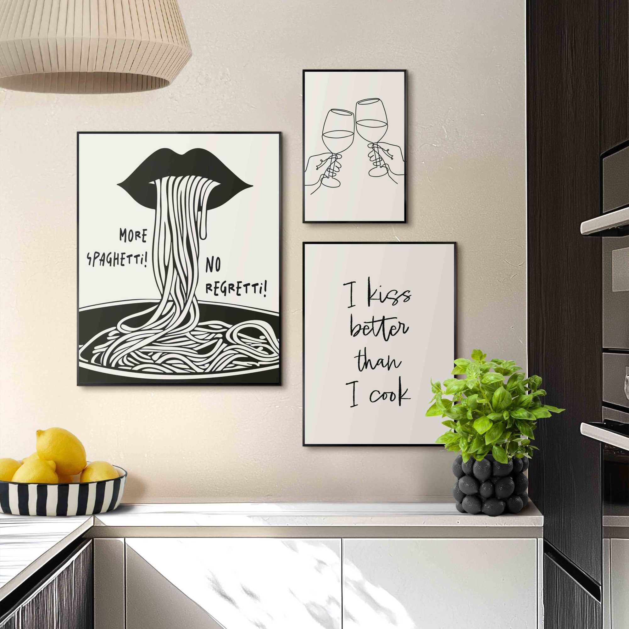 Image of Reinders Bild mit Rahmen "Italienisches Abendessen" Küche 3 Stk. tlg. Küche - Schwarz-Weiss - MDF - Essen und Trinken - 40x50 cm