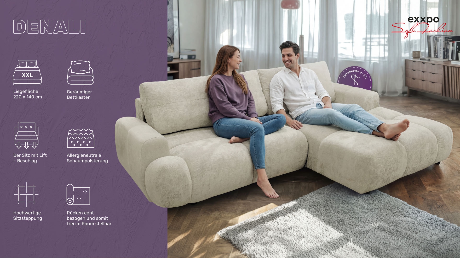 exxpo - sofa fashion Canapé d'angle inkl. Bettfunktion und Bettkasten,toller Sitzkomfort, Steppung im Sitz