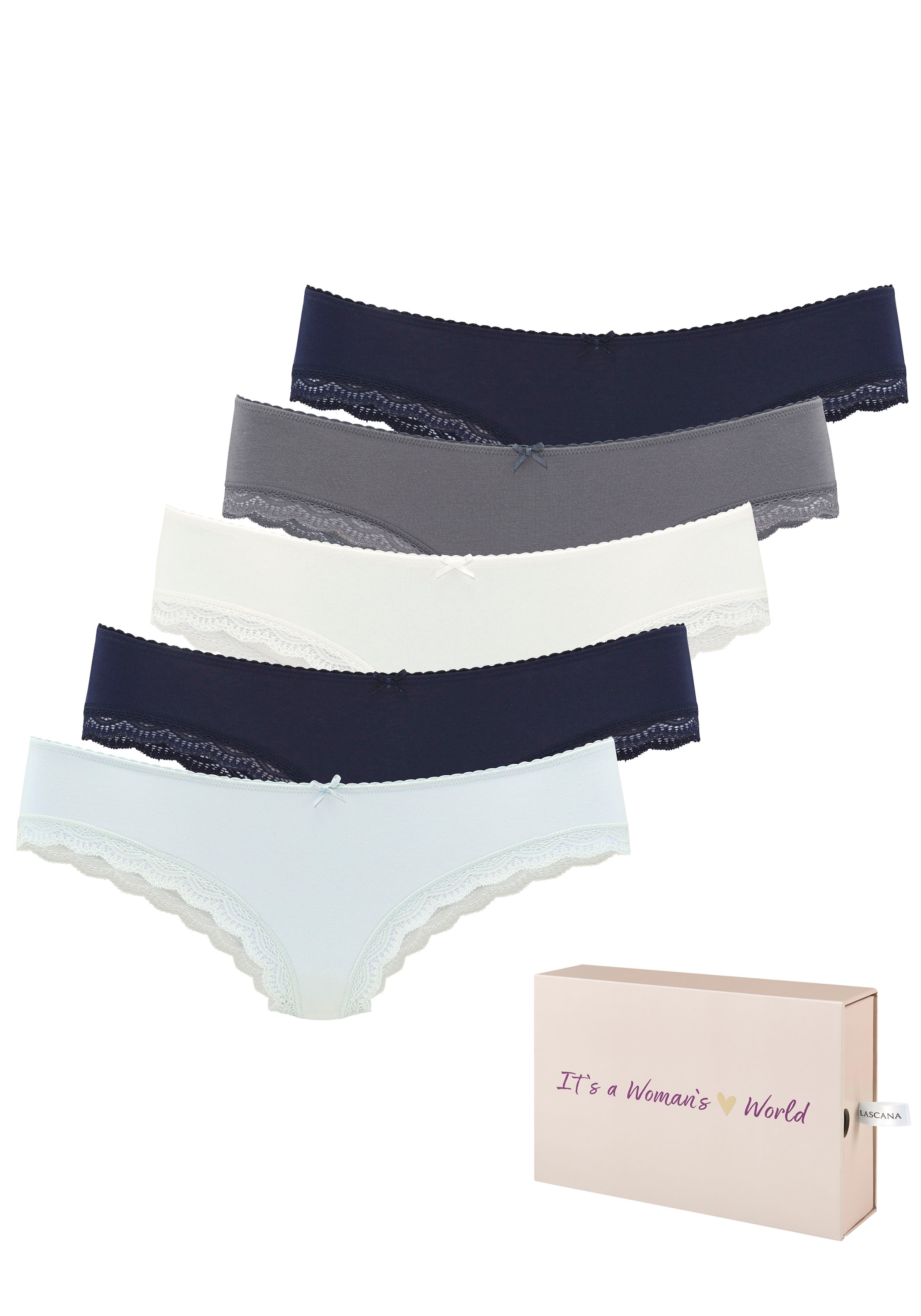 Image of LASCANA Brasilslip 5er-Pack, aus elastischer Baumwolle mit zarter Spitze, mit Aufbewahrungsbox