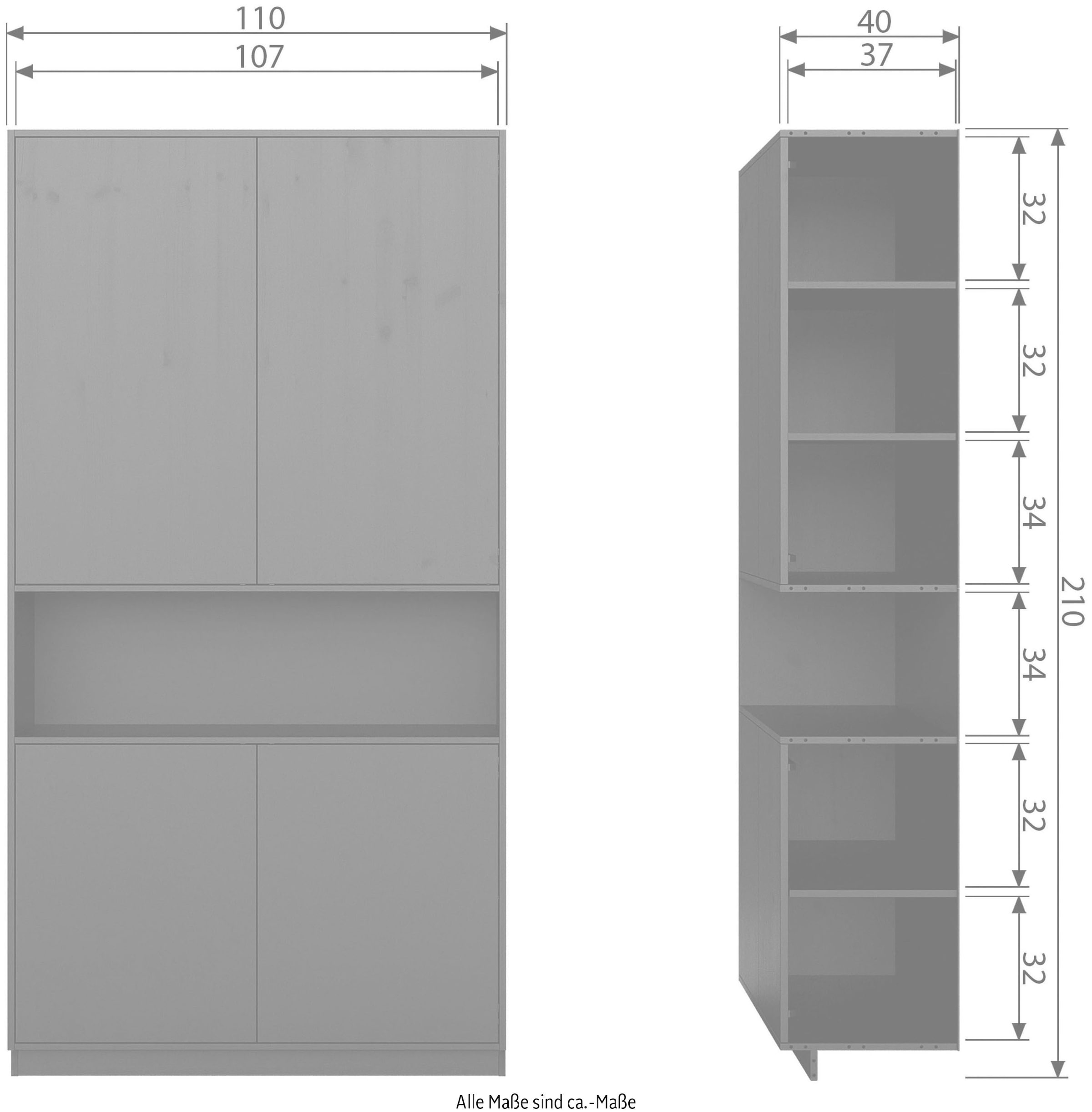 WOOOD Buffet »Finca FSC®-Kiefernholz mit Druckmechanismus, H 210 x B 110 x T 40 cm« Tragkraft 10 kg pro Boden, mit offenem Mittelfach, schwebende Optik