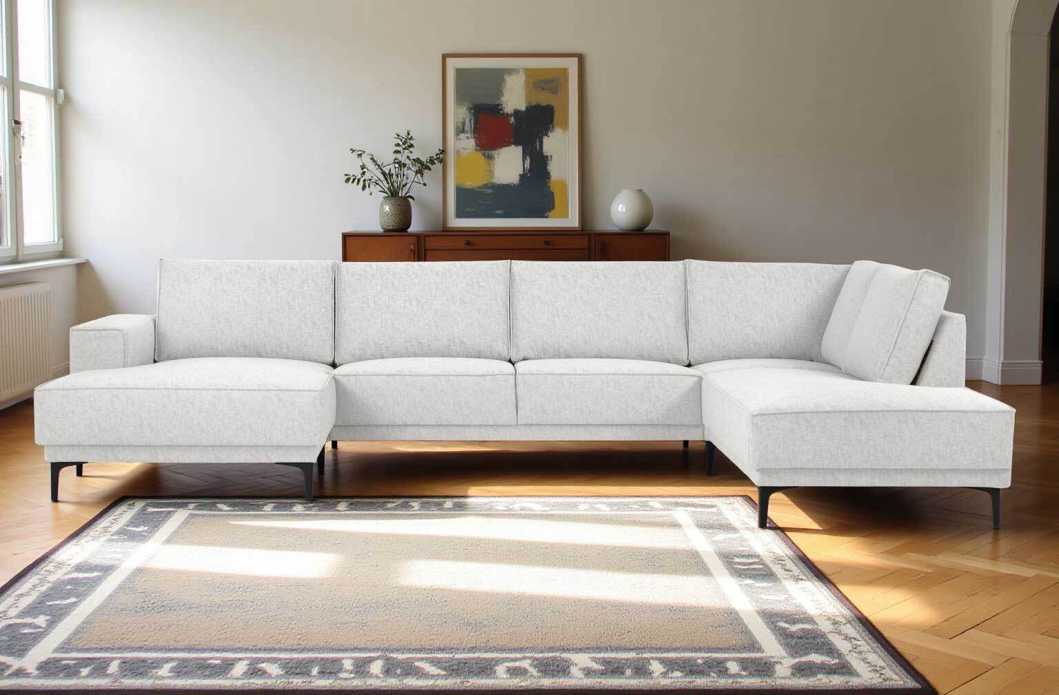 Places of Style Wohnlandschaft »XXL Sofa Oland, Struktur, Flachgewebe, Luxus-Microfaser, Boucle«, U-Form, 345 cm, Wellenunterfederung, Skandi-Design, Metallfüsse