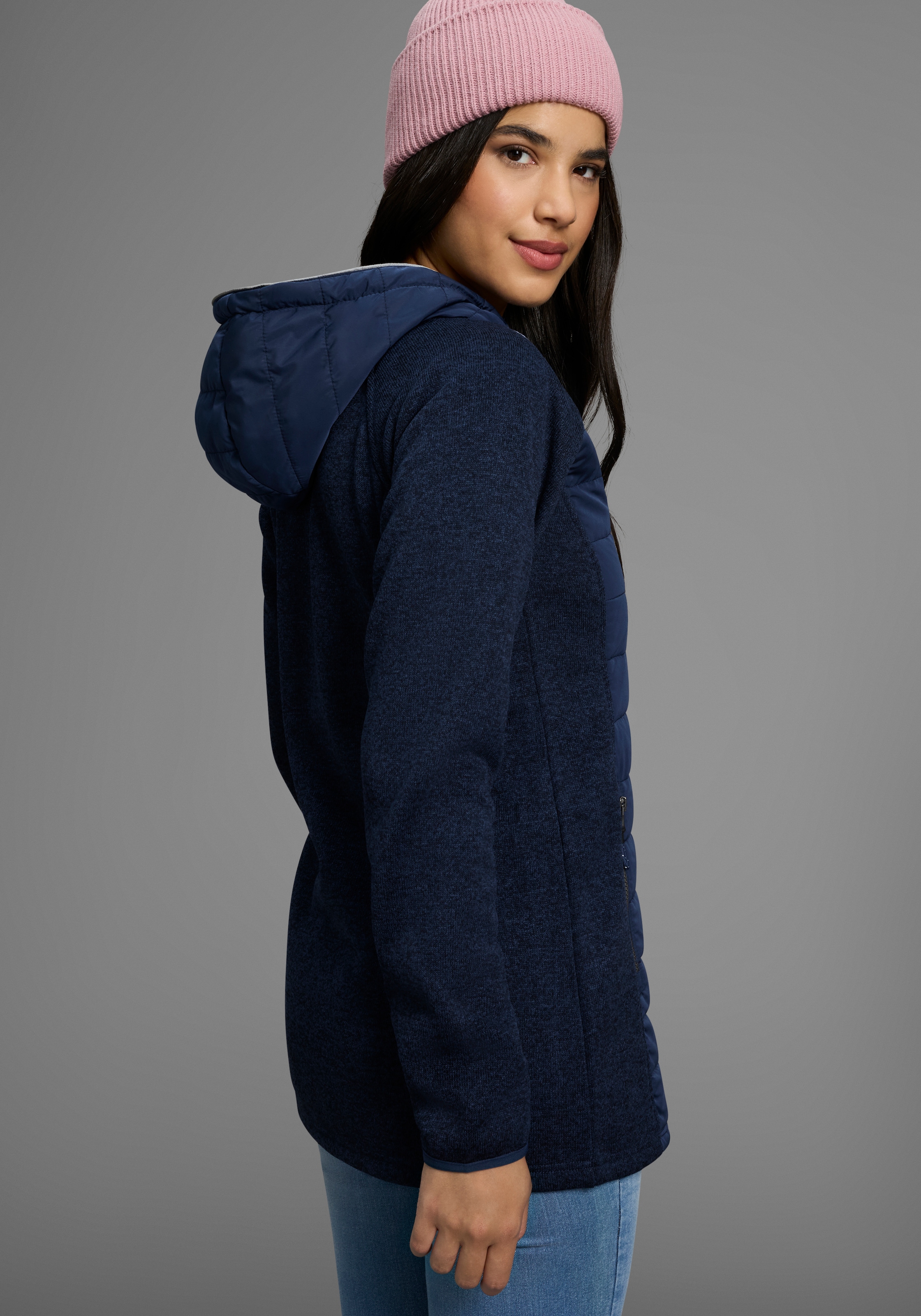 Polarino Strickfleecejacke, mit Kapuze, mit wattiertem Bereich-Hybridjacke, Übergangsjacke
