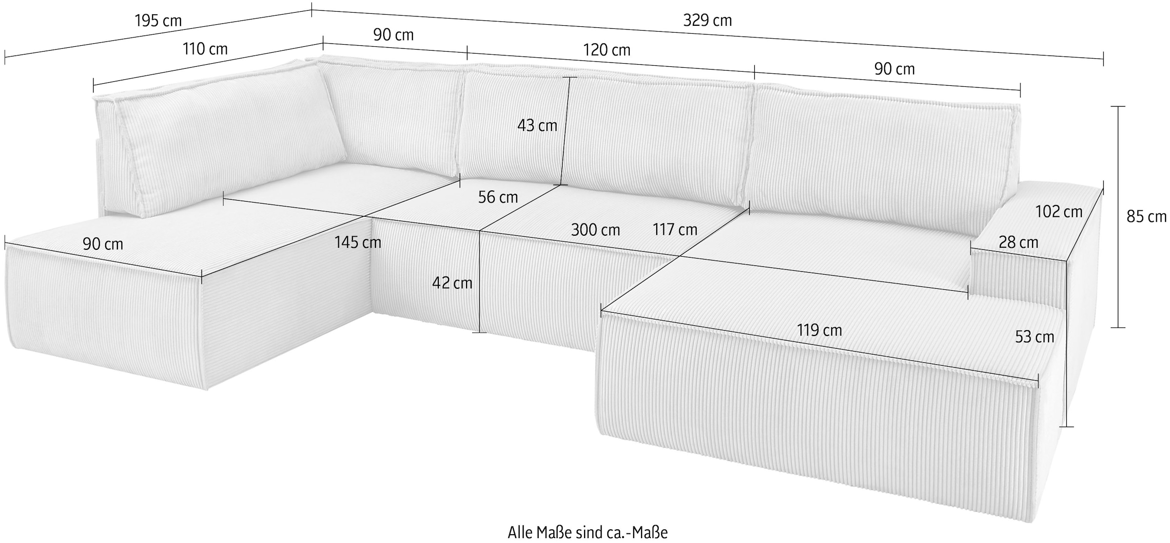 Home affaire Wohnlandschaft »SHERWOOD 329 cm, U-Form, Schlafsofa,«, Schlaffunktion m. Bettkasten (194x139 cm), Cord, Vintage, Samtvelours