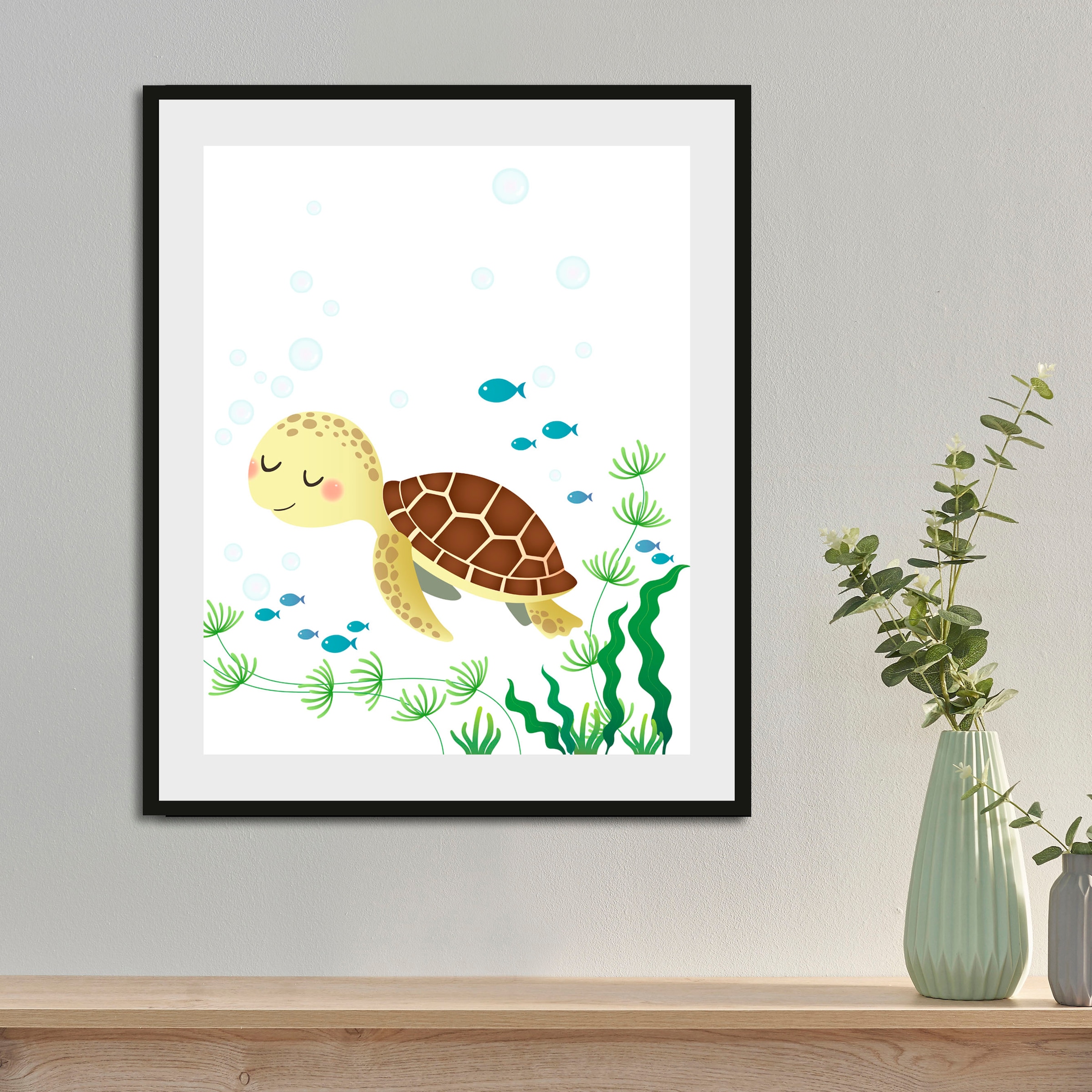Image of Lüttenhütt Bild "Crush" Pflanzen Pflanzenbilder Schildkröten Unterwasserwelt 1 Stk. tlg. mit Rahmen, schwarz