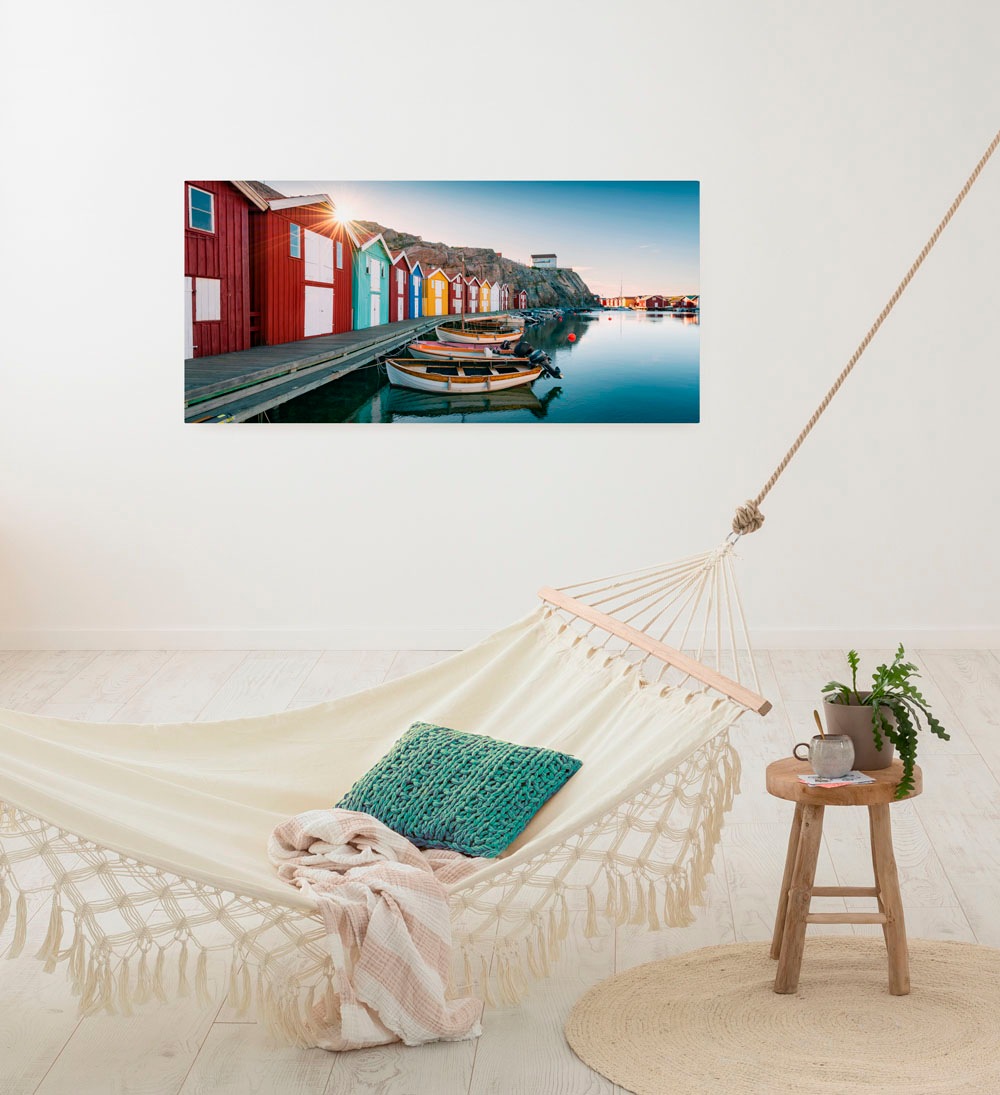 Image of Komar Leinwandbild "Malerische Smögen - Grösse 90 x 40 cm" Baum Berge Blumen Blätter Foto Jahreszeiten Landschaft Meer Natur Palmen Strand Packung, 1 Stk. tlg. Keilrahmenbild mi Echtholzrahmen