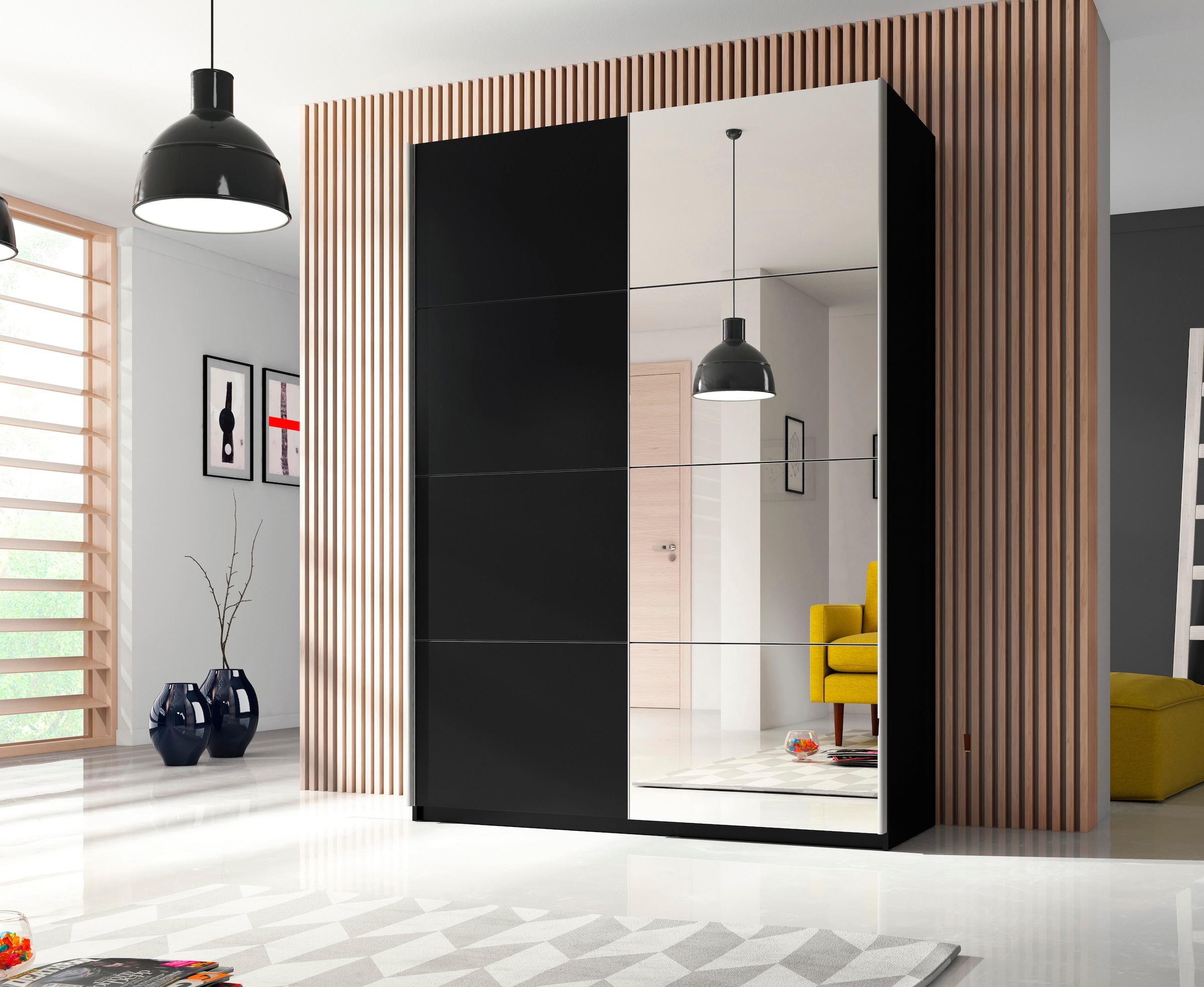 Helvetia Schwebetürenschrank Beta, mit Spiegelelement, inkl. 1 Kleiderstange und 5 Einlegeböden
