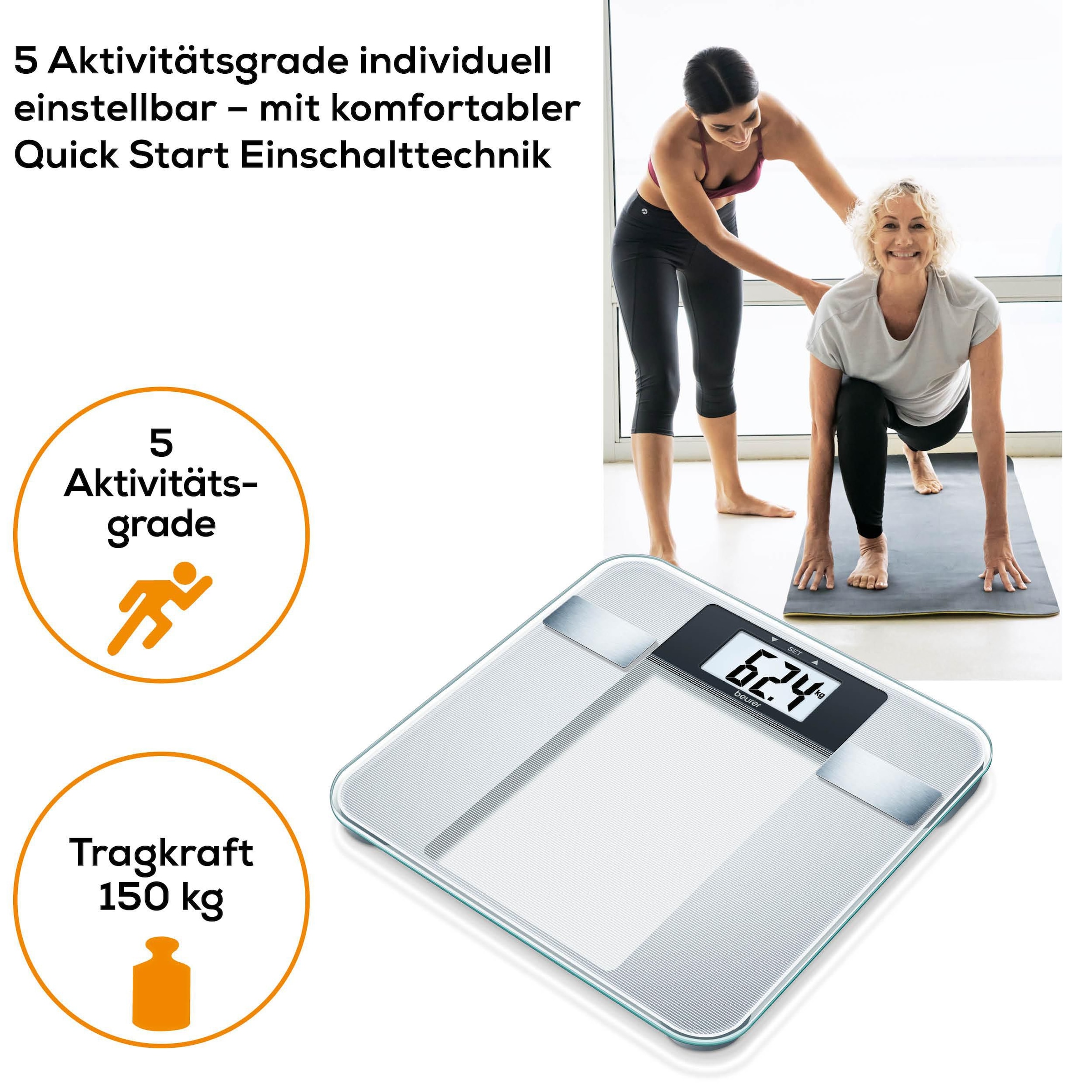 BEURER Pèse-personne d'analyse corporelle »BG 13 zur Messung von Gewicht, Körperfett, Körperwasser, Muskelanteil« Trittfläche aus Sicherheitsglas, Tragkraft bis 150 kg