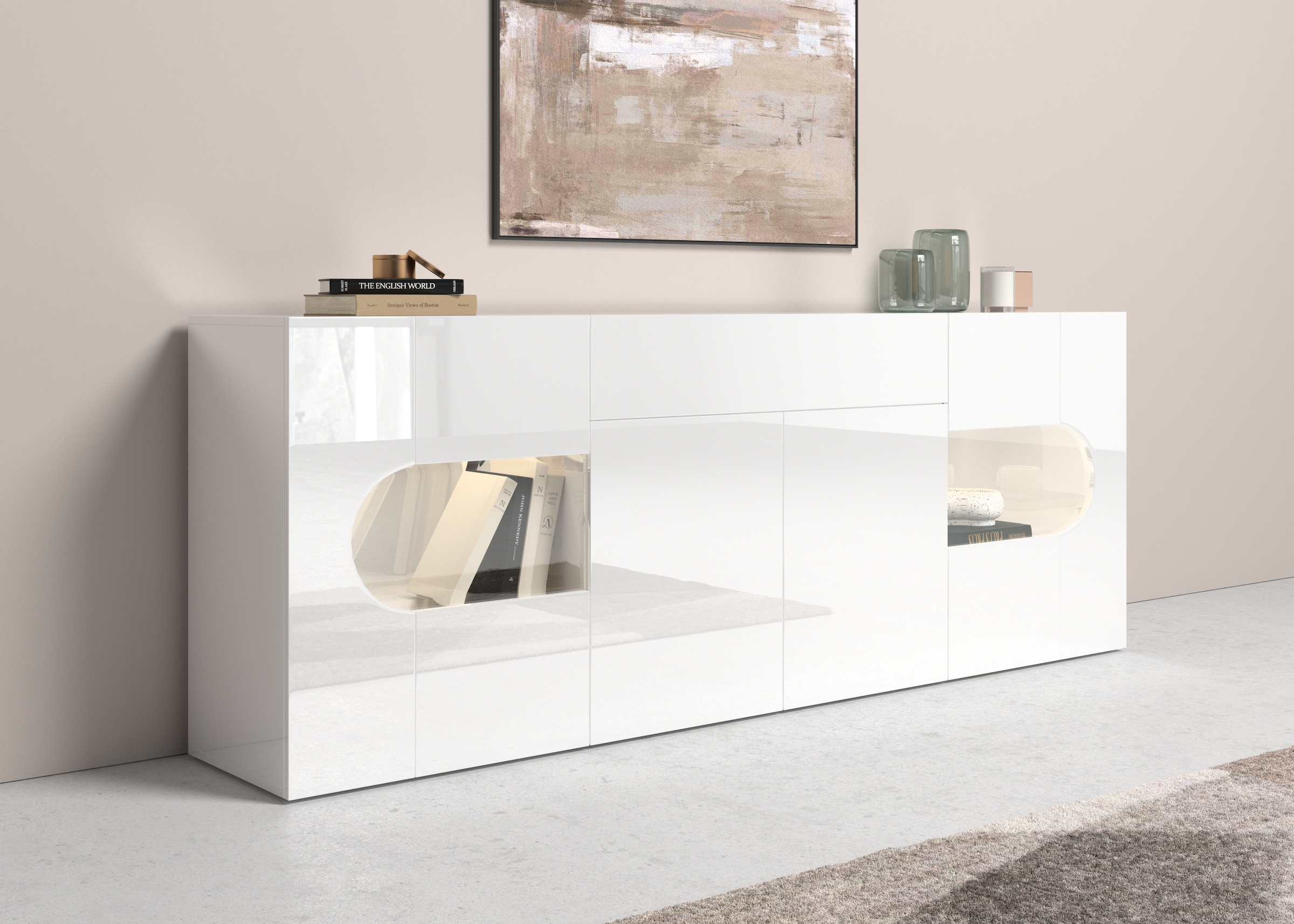 Image of Home affaire Sideboard "Real,Vitrine,Kommode,Schrank,komplett weiss hochglanz lackiert" mit 4 Türen davon 2 Glastüren und 1 Schublade ohne Griff Breite 220cm