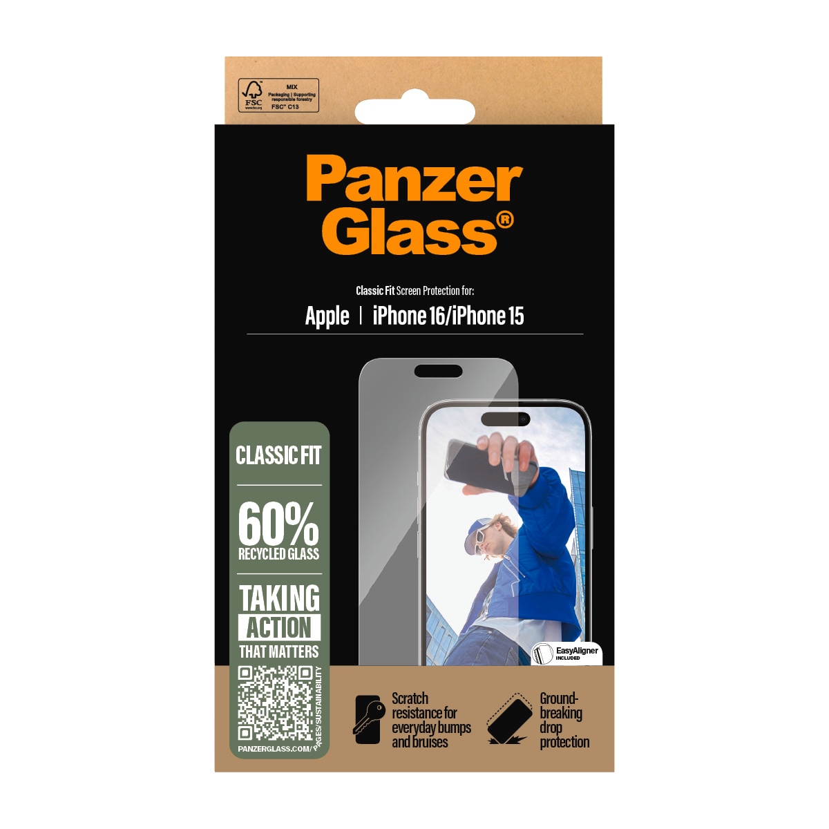 PanzerGlass Displayschutzglas »Classic Fit Screen Protection«, für Apple iPhone 16, Displayschutzfolie, Schutzfolie, Bildschirmschutz, kratz- & stossfest