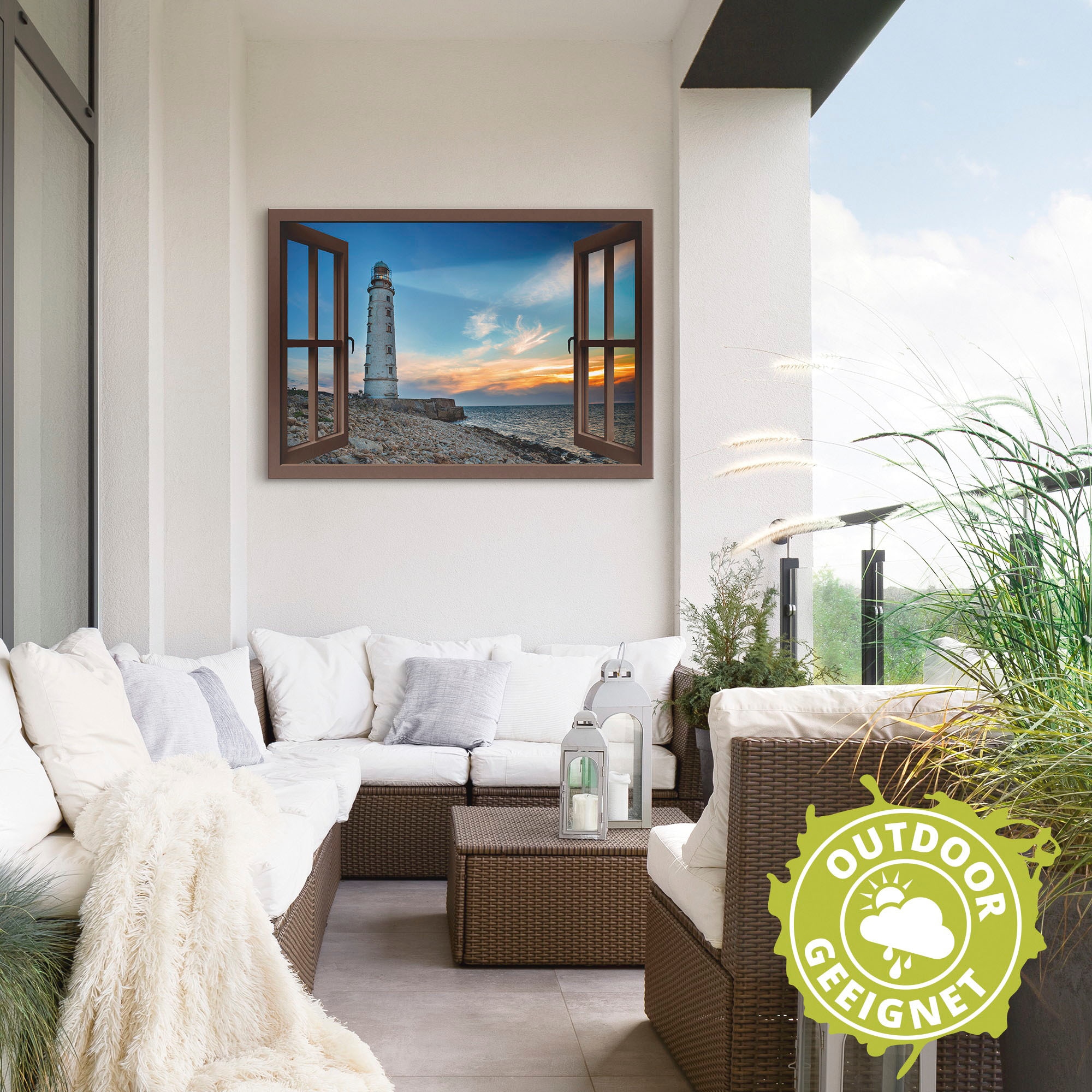 Artland Alu-Dibond-Druck »Fensterblick Leuchtturm«, Fensterblick, (1 St.), für Innen- und Aussenbereich geeignet, Outdoorbild
