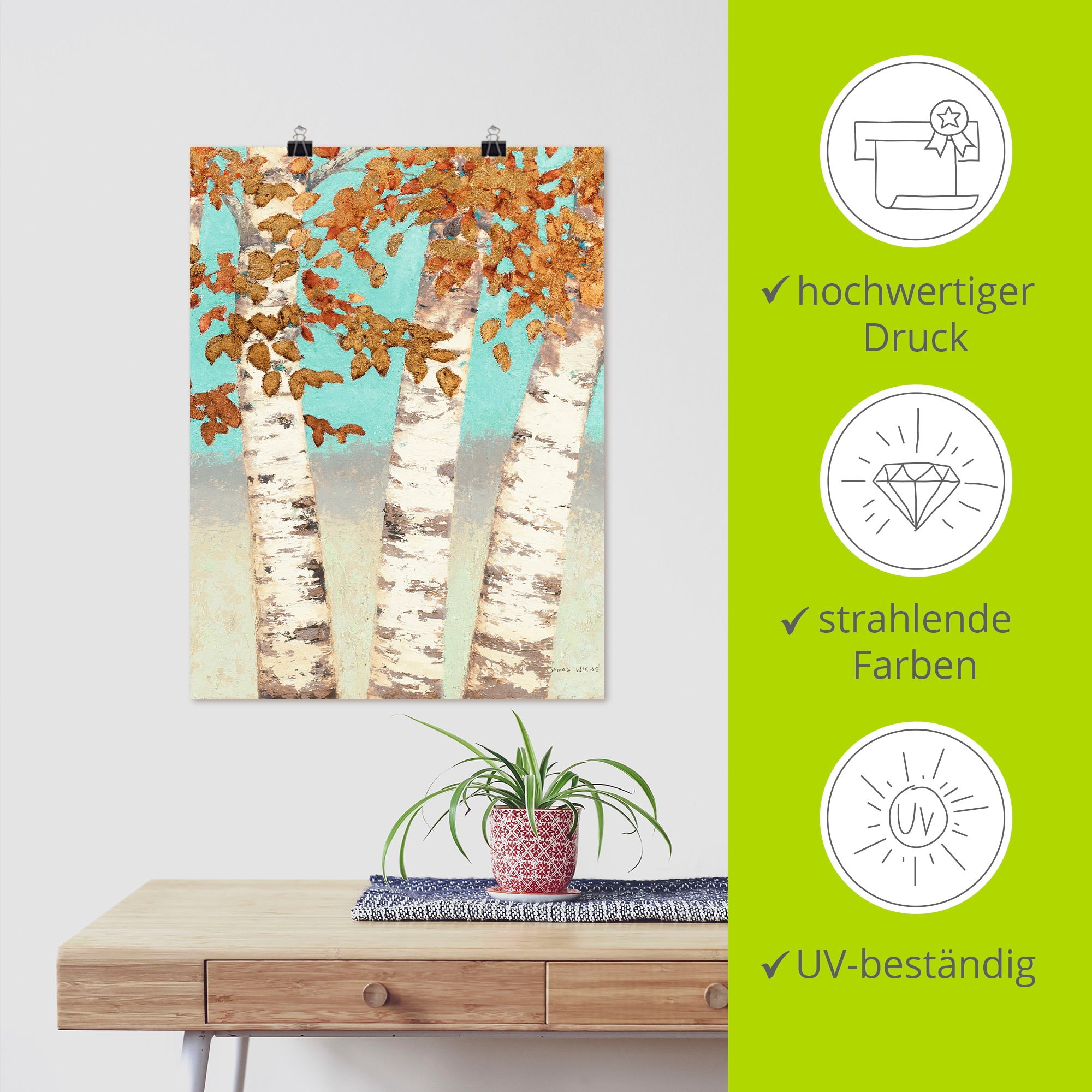 Artland Poster »Goldene Birken III«, Bäume, (1 St.), als Leinwandbild, Wandaufkleber oder Poster in versch. Grössen