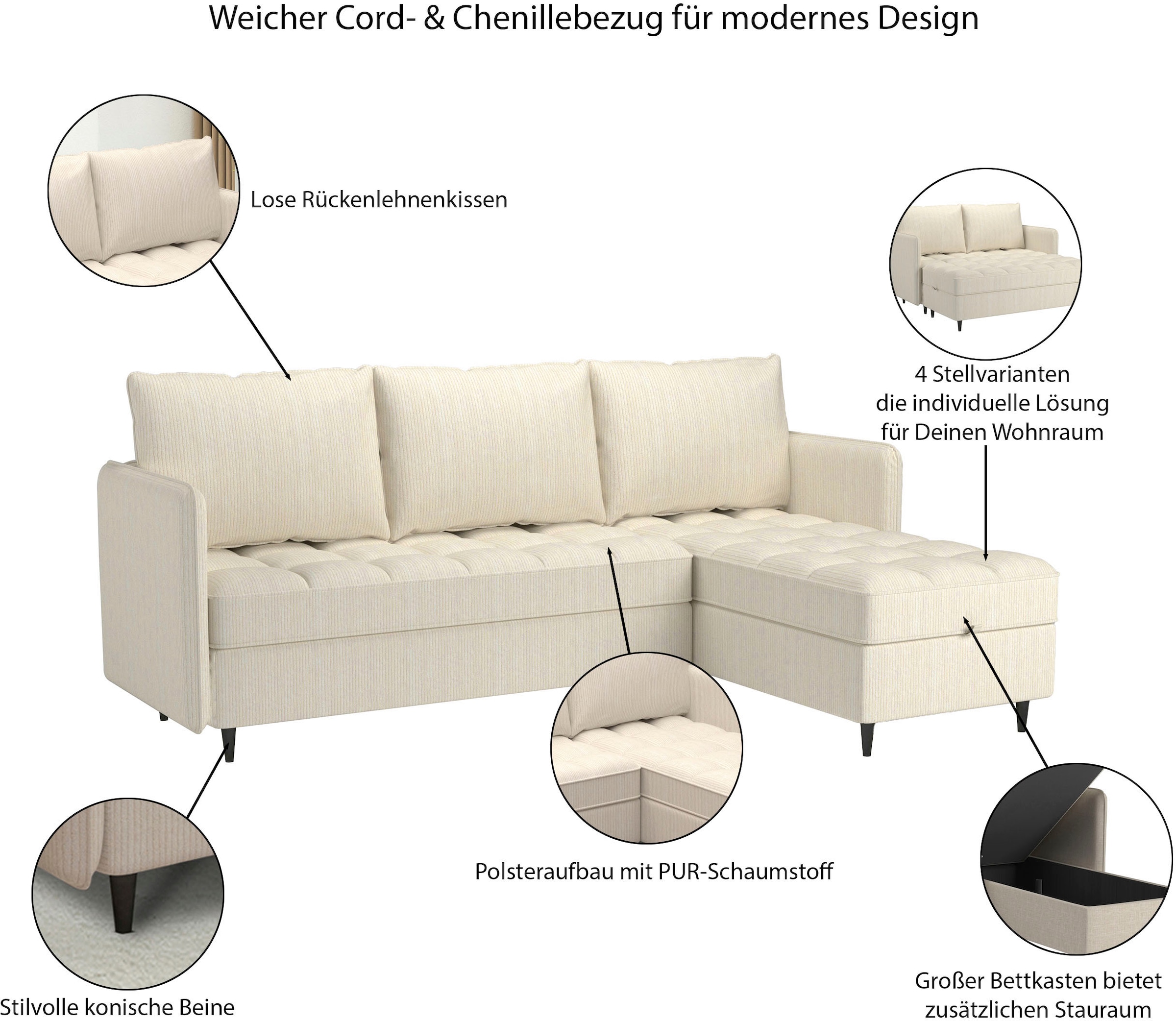 Dorel Home Canapé d'angle »LINDHUS, L-Form, verschiedene Stellvarianten, Schlaf-Liege« Modulsofa, Recamiere, grosser Bettkasten, Cord, Chenille