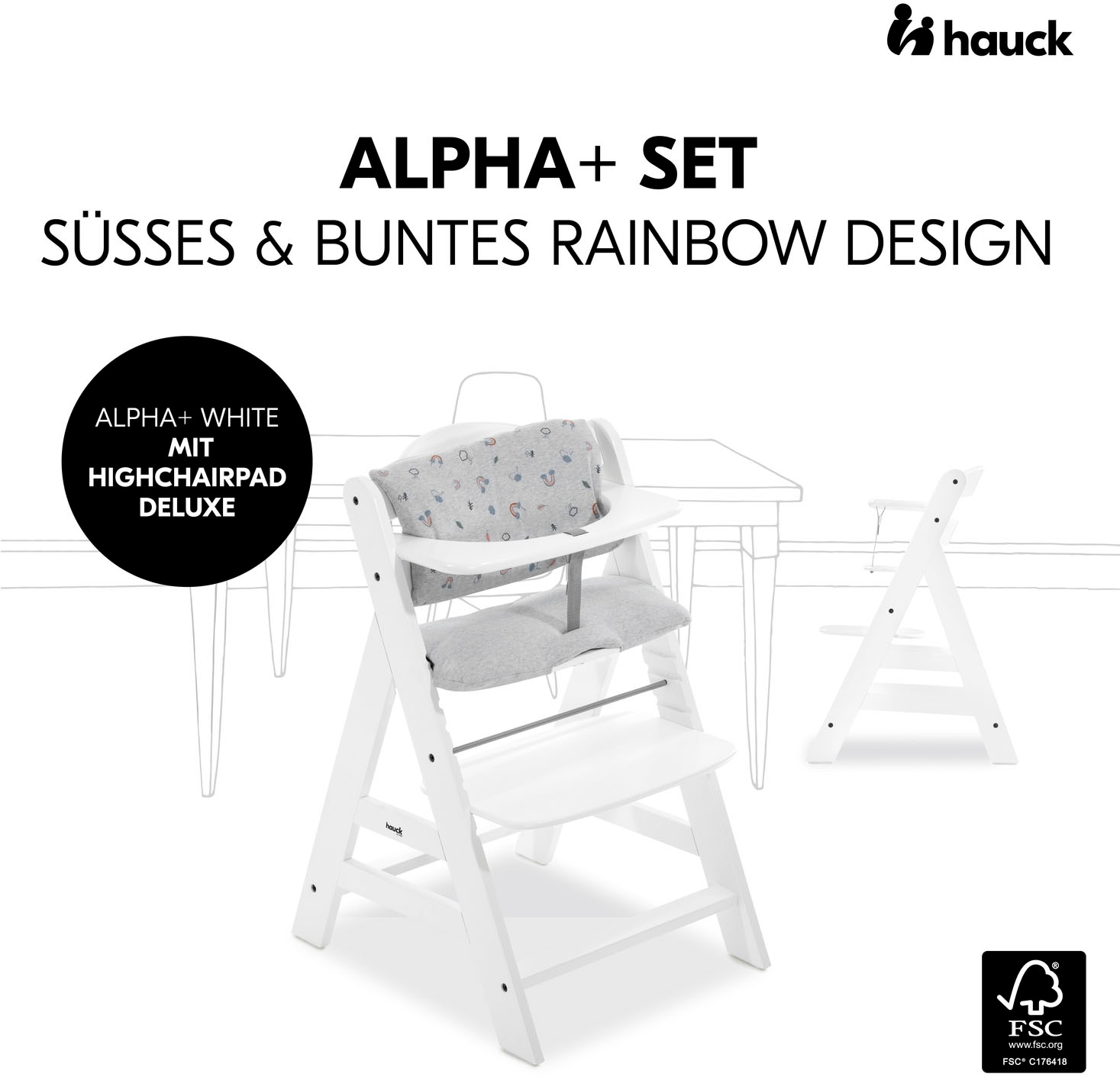 Hauck Hochstuhl »Alpha+, weiss + Sitzauflage Rainbow«, (Set), 3 St.