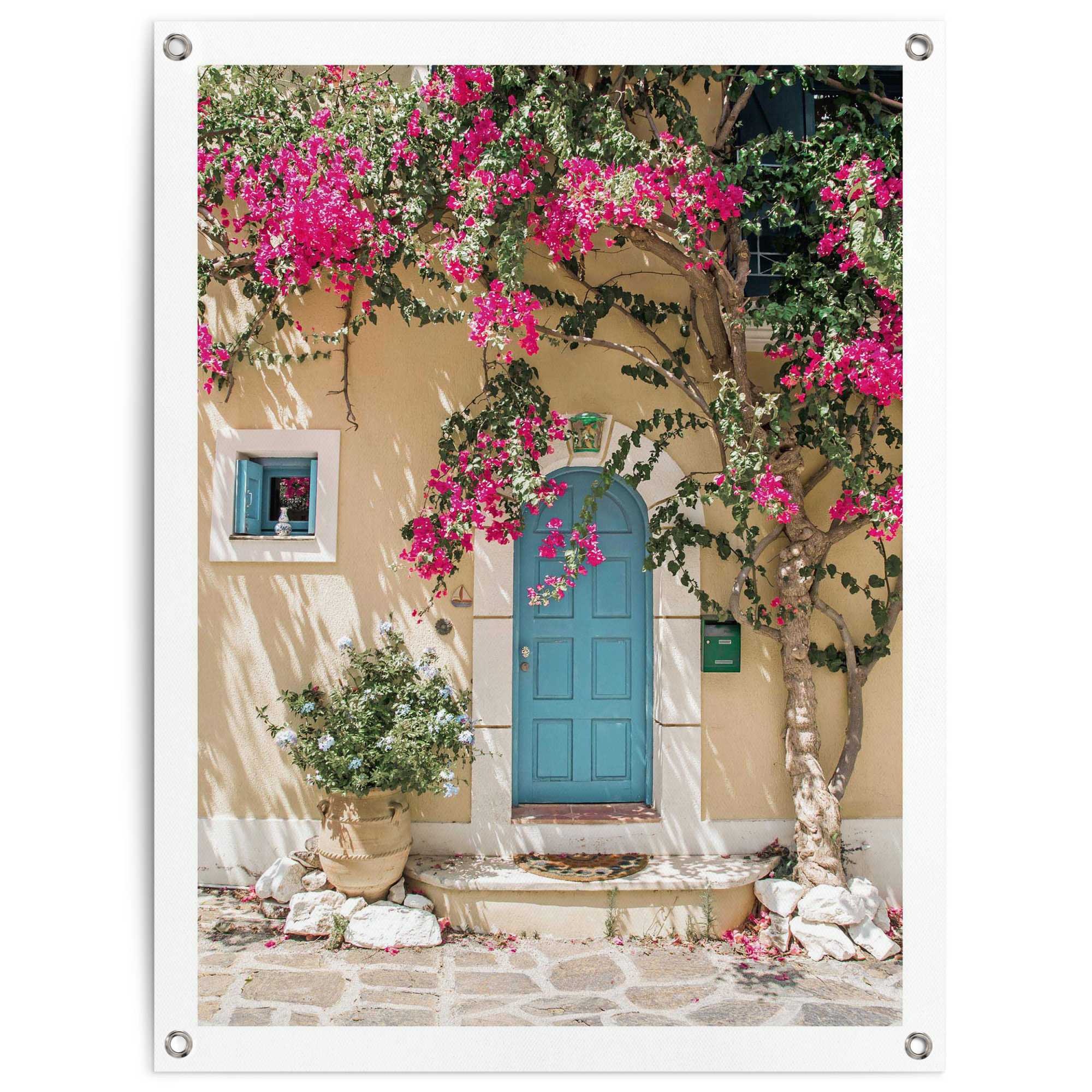 Image of Reinders Poster "Mediterranean Door" Garten - Griechenland - Blumen - Haustür - Rosa - Leinwand - Städte