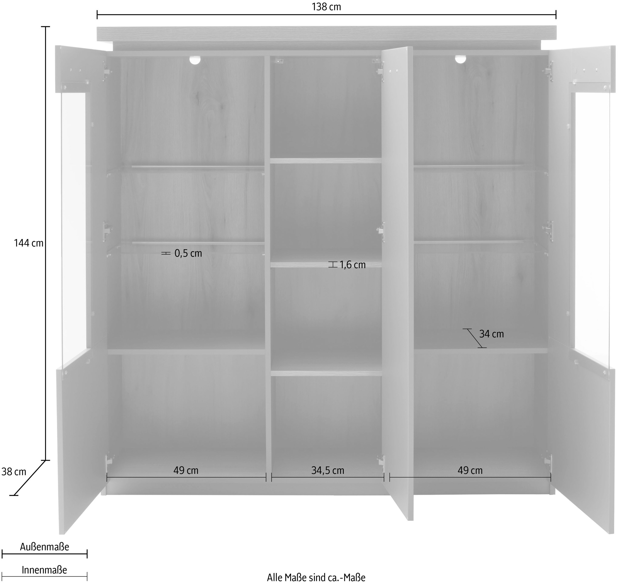MCA furniture Highboard »MONIZ Highboard« 1 Stk. tlg. Hochkommode,Kommode,Eiche,Salbeigrün,3 Türen,gedämpft,Breite 138 cm