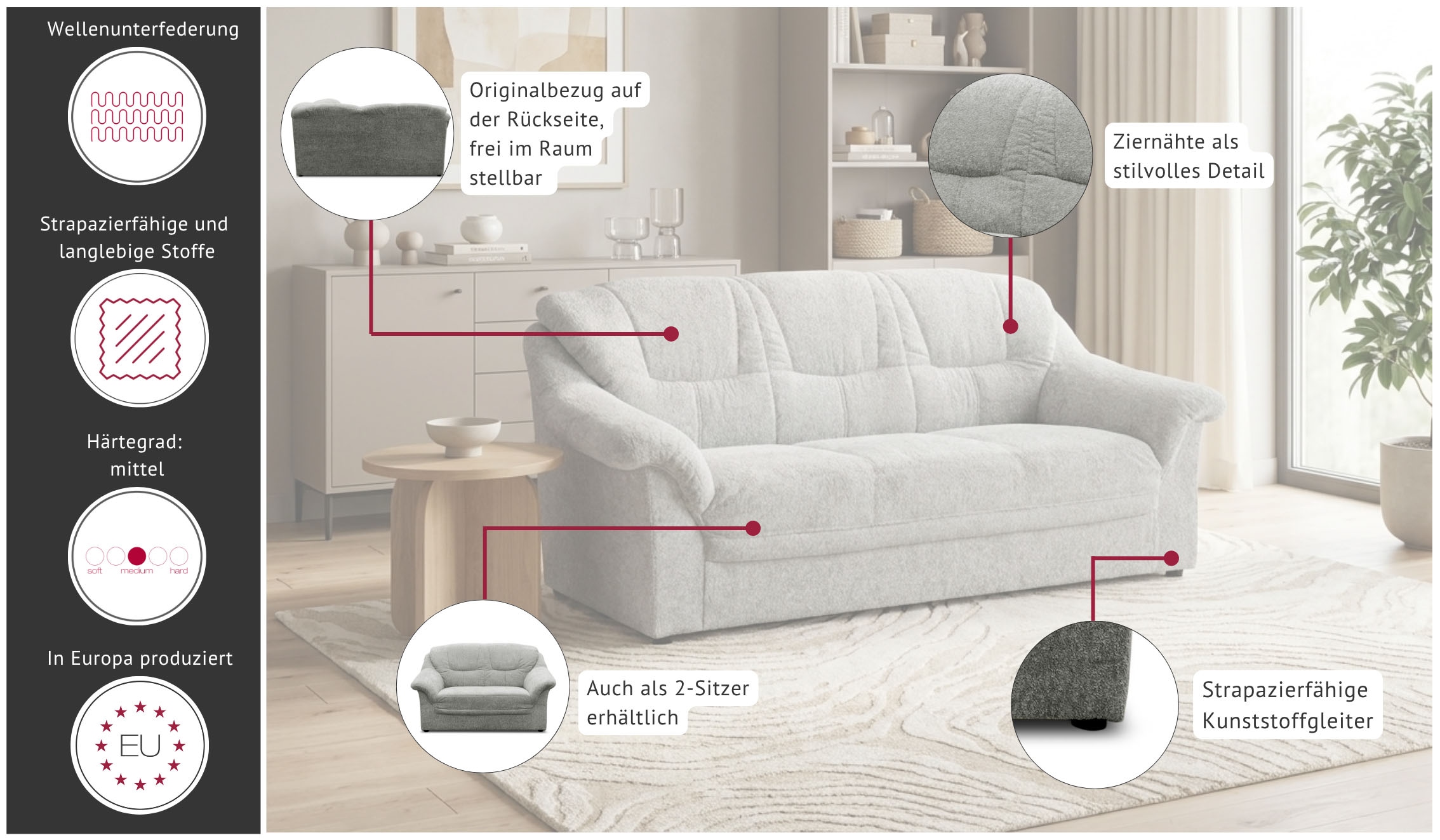GOODproduct 3-places »Nyborg 184 cm breit, pflegeleicht, formschön, stabil« en microfibre de luxe douce et facile d'entretien
