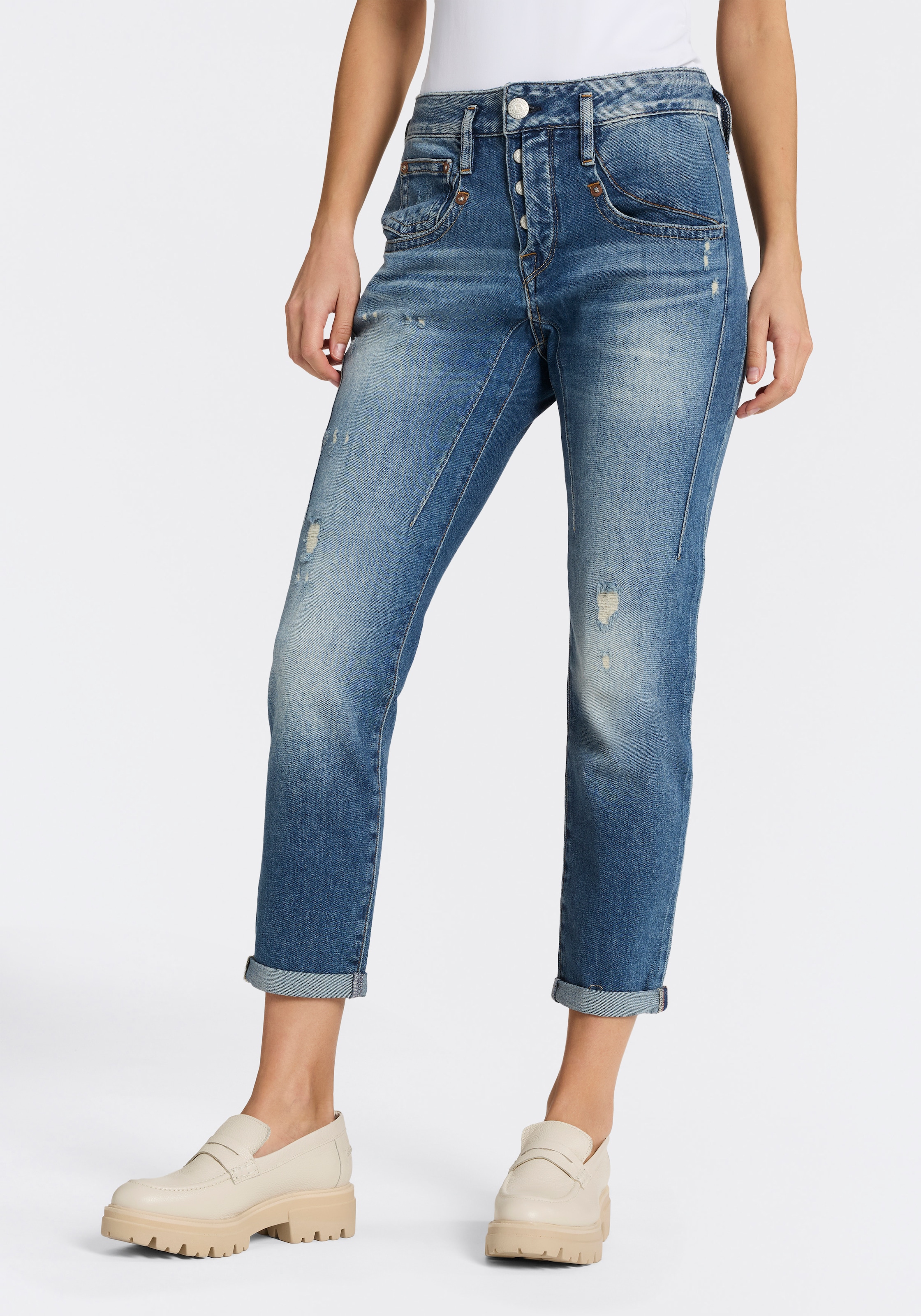 Image of Herrlicher Boyfriend-Jeans "Shyra Cropped Denim Stretch" mit Abnähern, Umschlagsaum