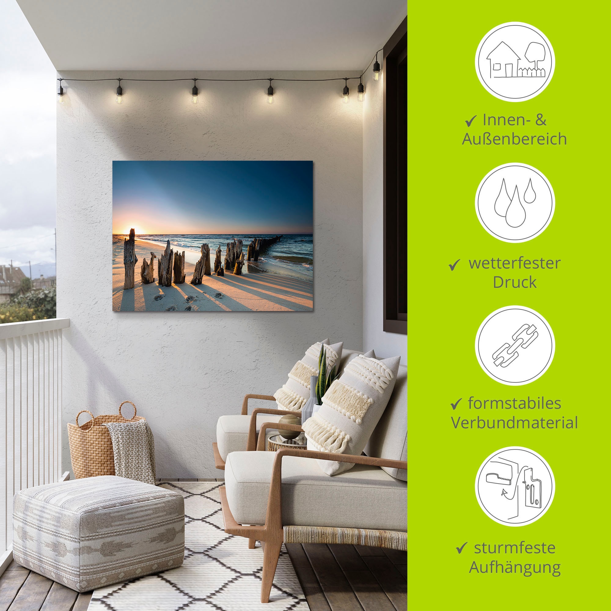 Artland Fresque murale »Sonnenuntergang Strand Wellenbrecher« 1 cuis tlg. als Alubild, Leinwandbild in verschied. Grössen