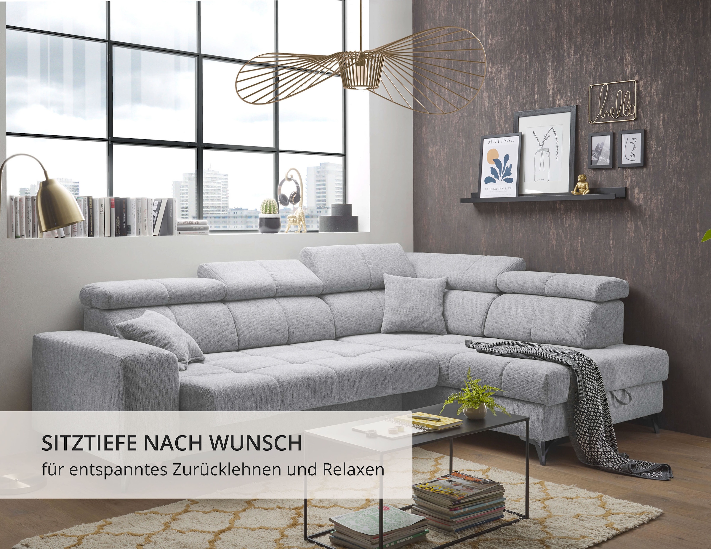 ED EXCITING DESIGN Canapé d'angle »Sydney L-Form« motorischer Sitztiefenverstellung, USB-Port & 2 Zierkissen