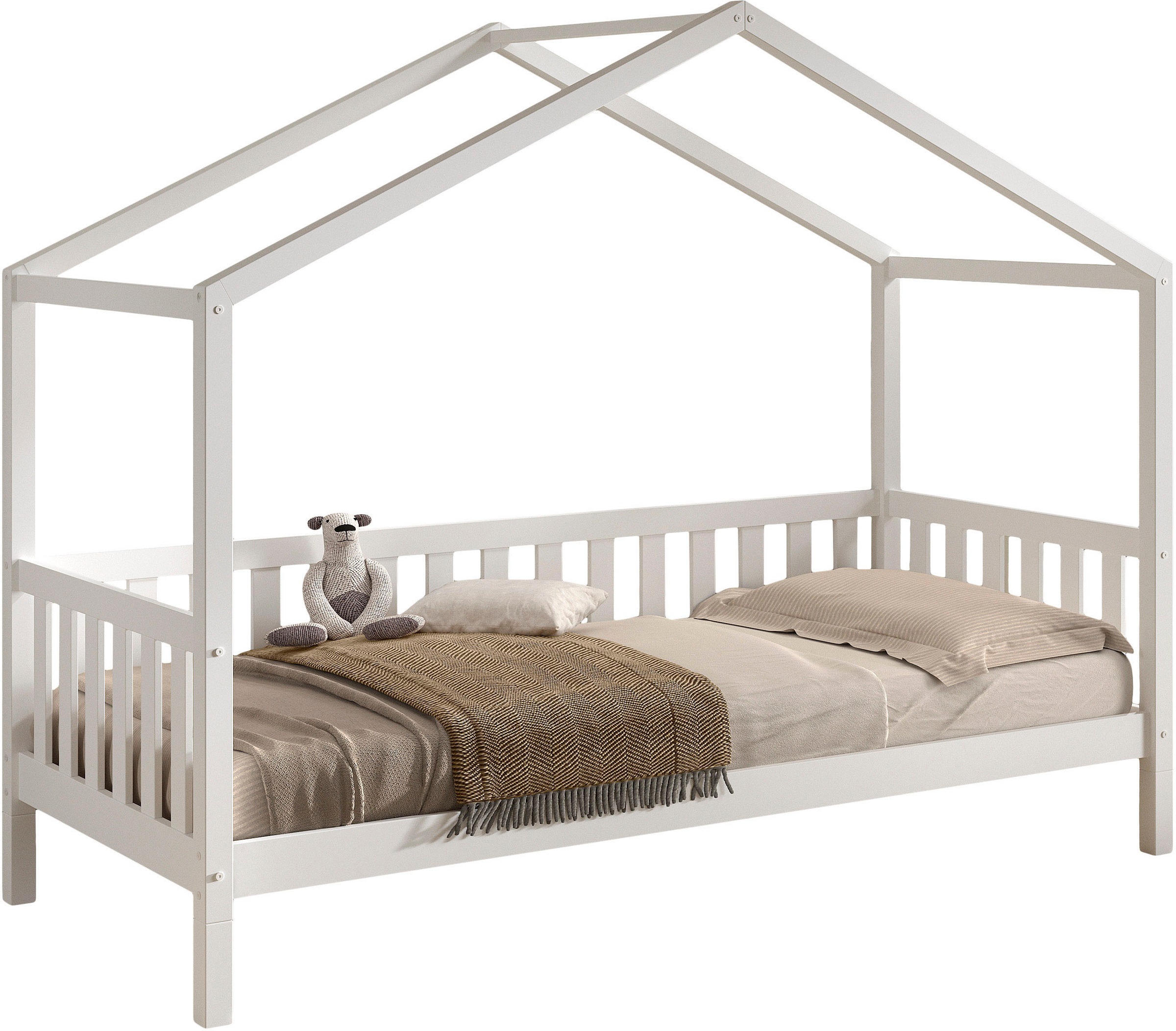 Image of Vipack Hausbett "Dallas, Massivholzbett mit Dachaufbau umbaubar vom Boden- zum Daybett" inkl. Rolllattenrost und Sprossenumrandung, 90 oder 140x200 cm breit, stabil und standfest gebaut, wahlweise Kiefer massiv natur oder weiss