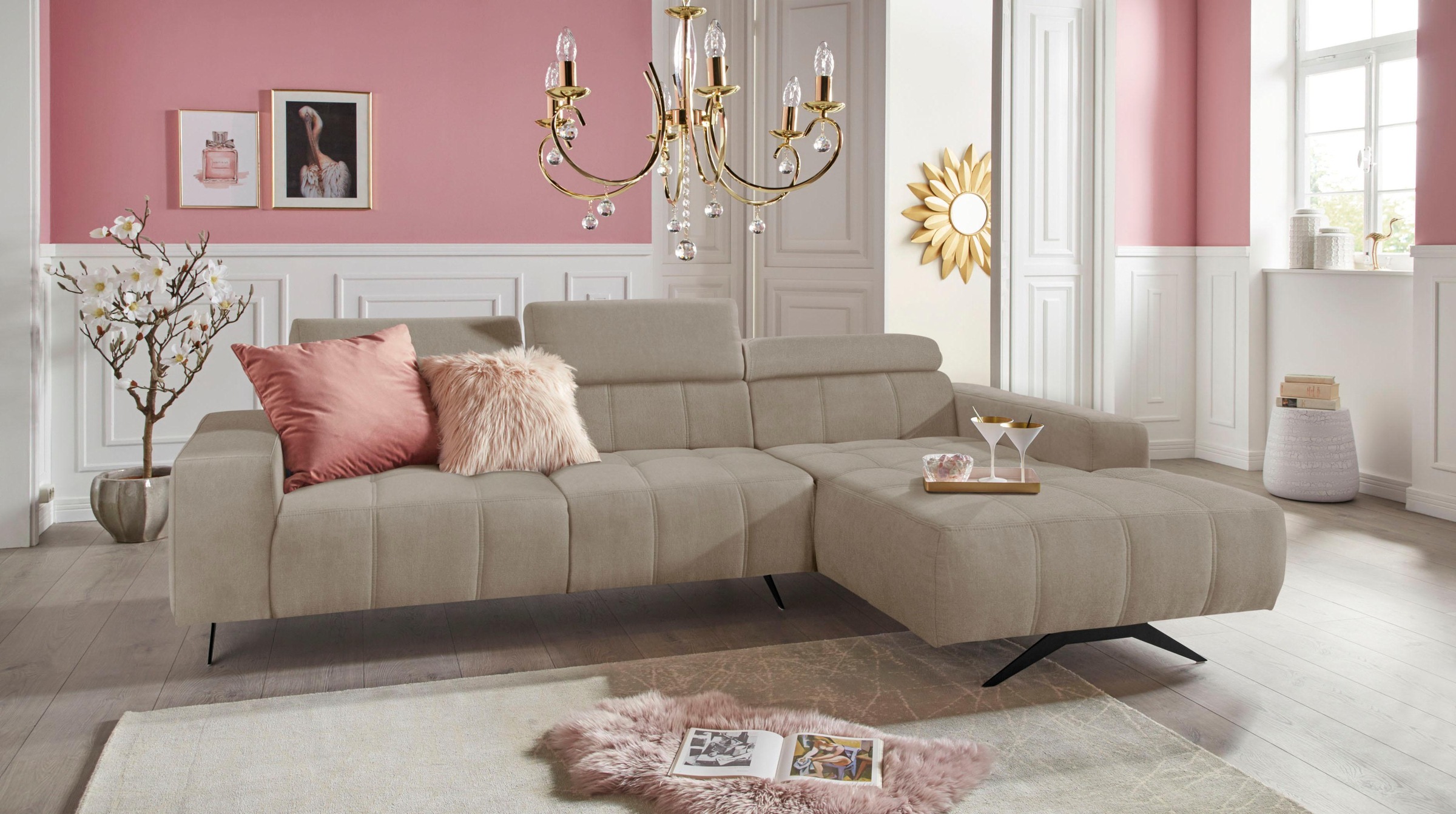 DOMO collection Ecksofa »Trento L-Form, mit Kufenfuss oder Einzelfuss«, wahlweise mit Kopfteilverstellung, Recamiere links/rechts bestellbar