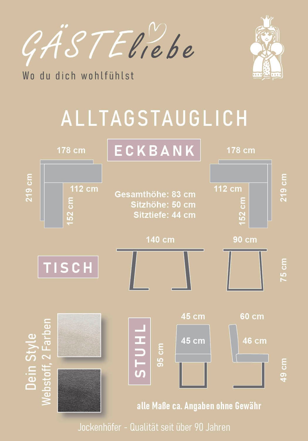 GOODproduct Eckbankgruppe »Tisch, Bank und 2 Stühle, Taschenfederkern« Set, 4 tlg. Tisch (140x90cm) schwarz, Bank und Stühle anthrazit oder beige