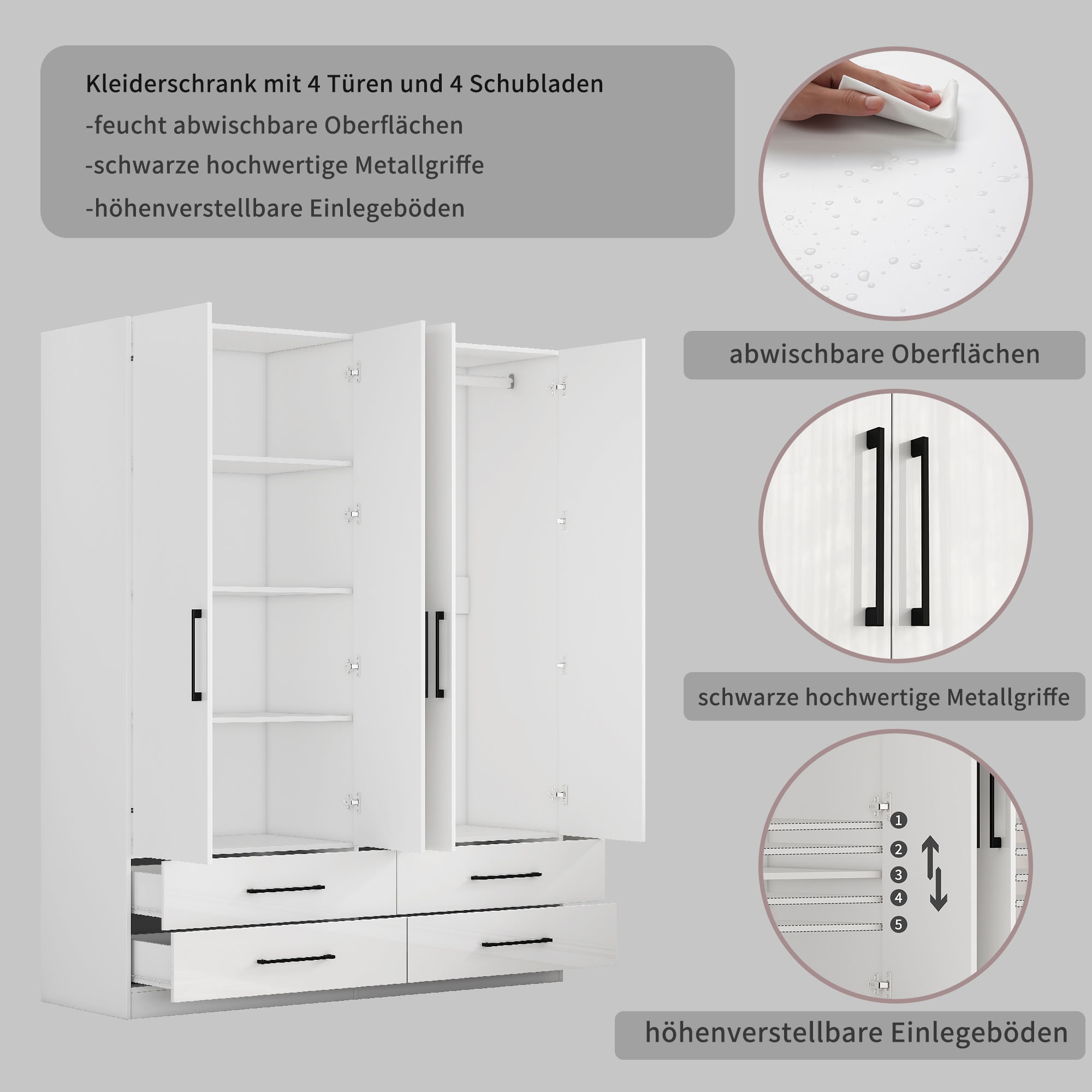 GOODproduct Armoires à vêtements »Sylt Schlafzimmerschrank Garderobe Schrank hochglanz« Drehtürenschrank mit 4 Schubladen und 4 Türen,  Schrank in Breite 160 mit viel Stauraum