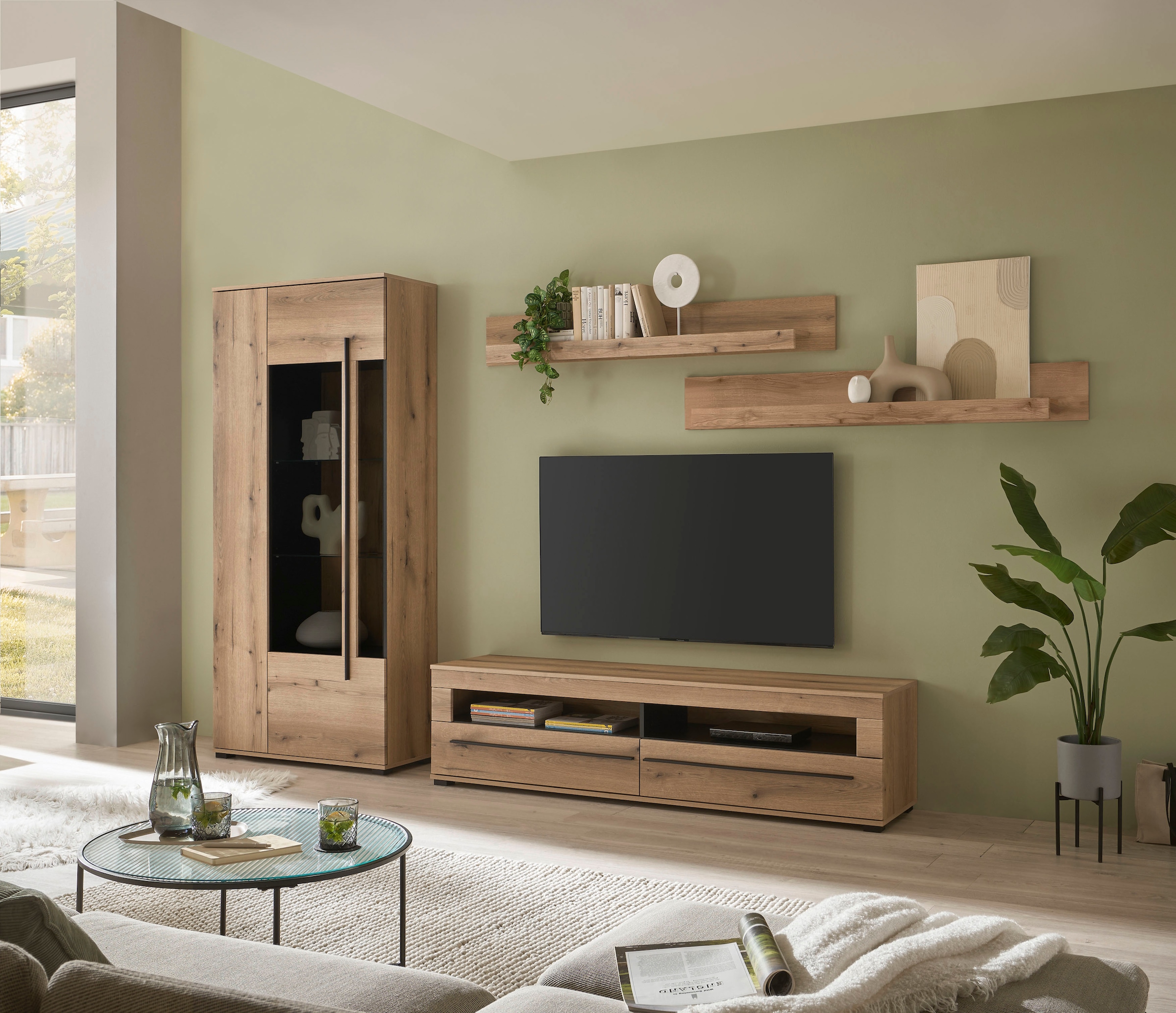 INOSIGN Wohnwand »Cantara, moderne Anbauwand, Wohnzimmer-Set, in Eiche Evoke oder Weiss«, (Set), enthält eine Vitrine, ein Lowboard und zwei Wandboards
