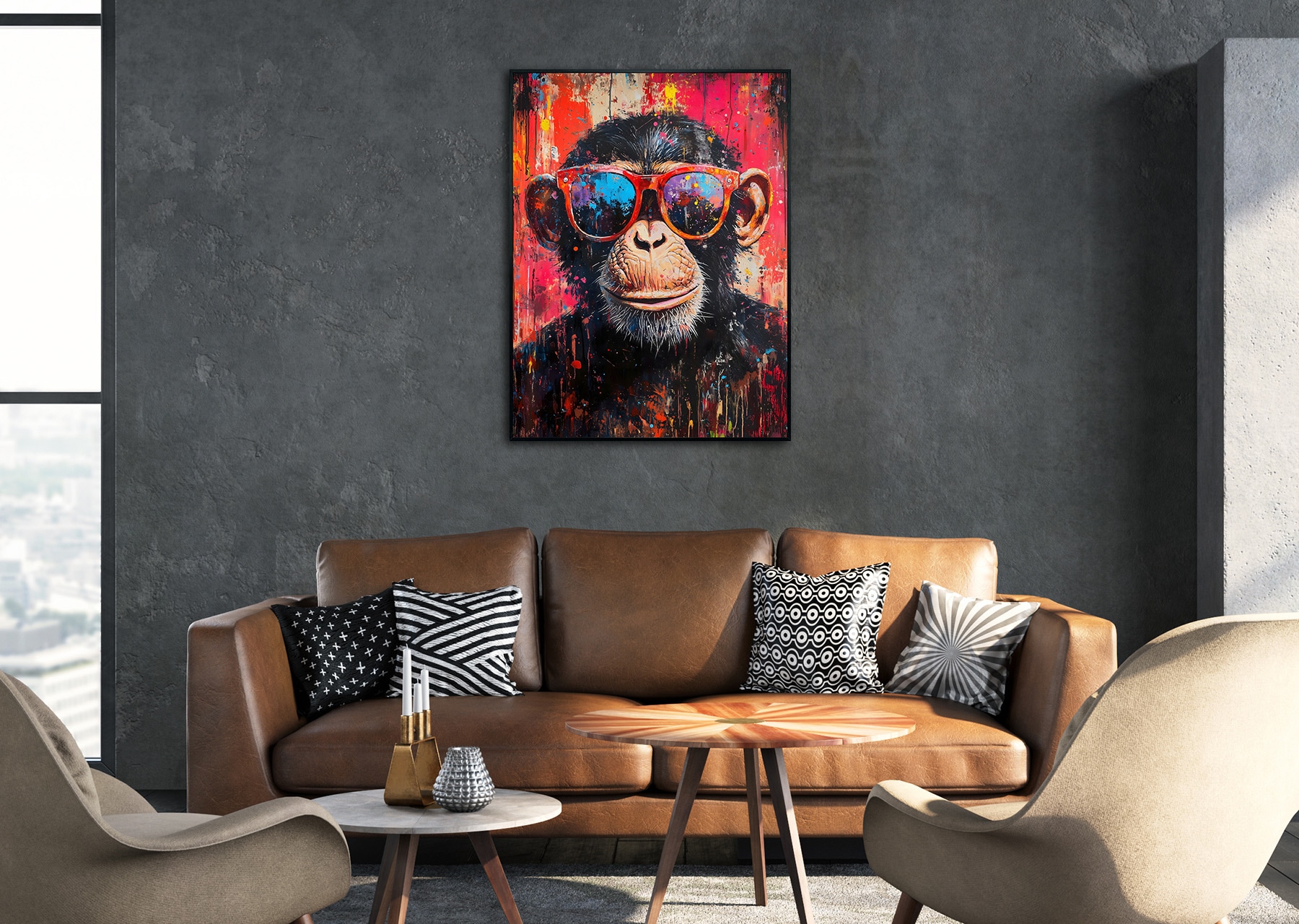 Bönninghoff Ölgemälde »handarbeit gerahmt SCHIMPANSE 60x90 cm – Wandbild Pop Art« Affen | Affenbilder | Pop Art 1 Stk. tlg. handgefertigt, jedes Bild ein Unikat, Schattenfugenrahmen