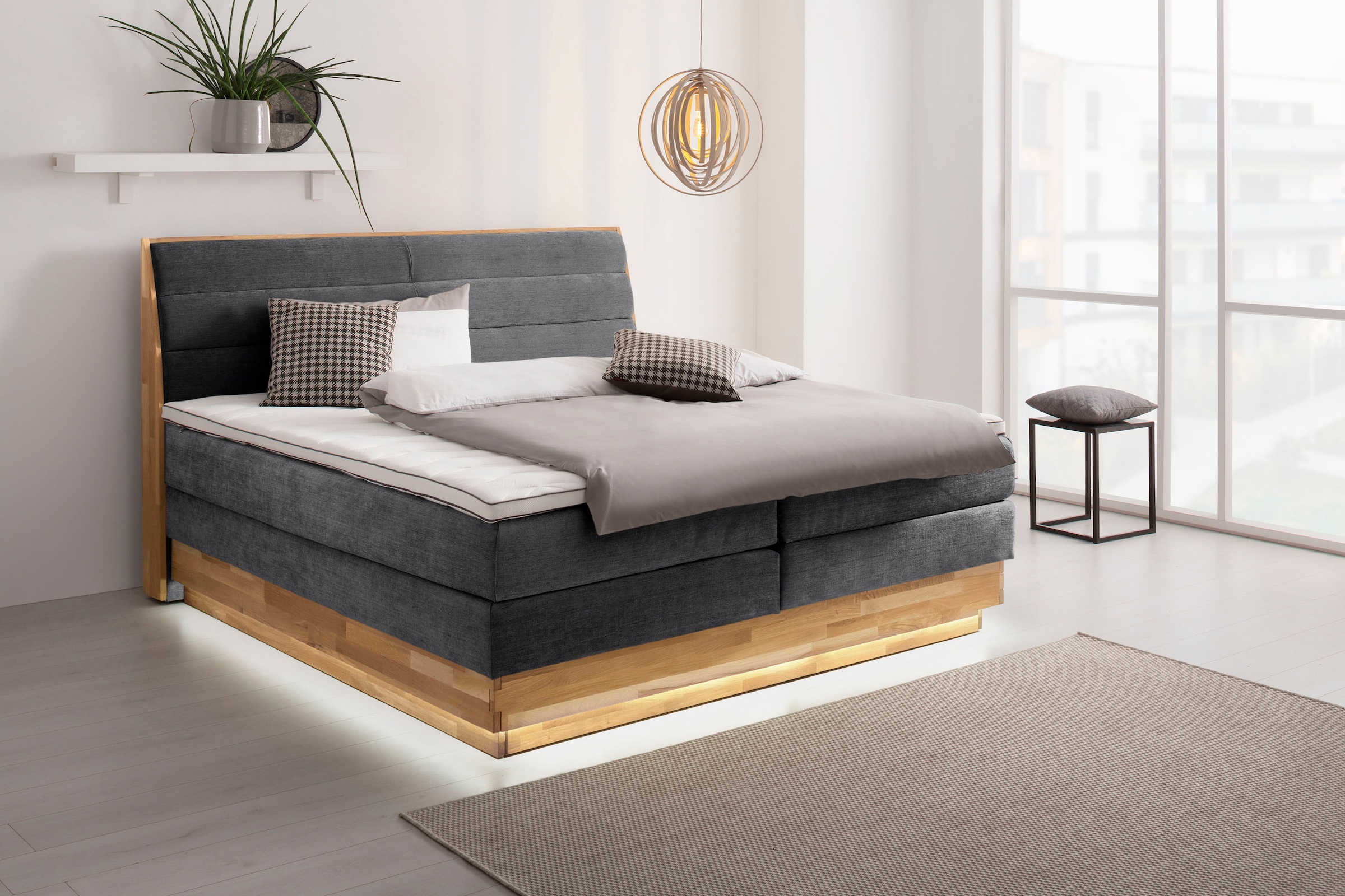 GOODproduct Boxspringbett, LED-Beleuchtung, mit zertifizierten, recycelten Bezugsstoffen