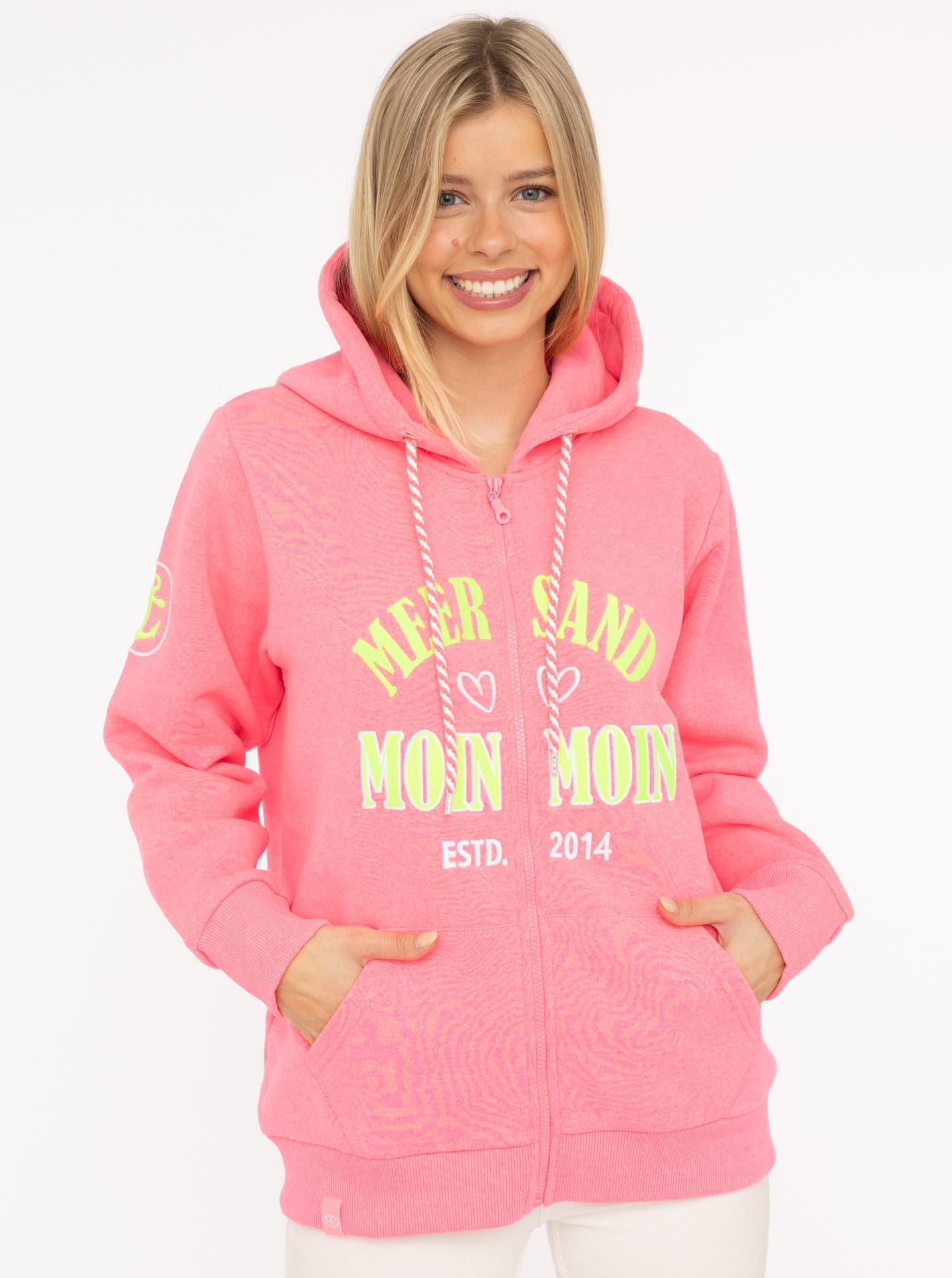 Image of Zwillingsherz Sweatjacke ""Moin Moin"" Kapuze, Langarm, Reissverschluss, modisch, maritim, Kordelzug