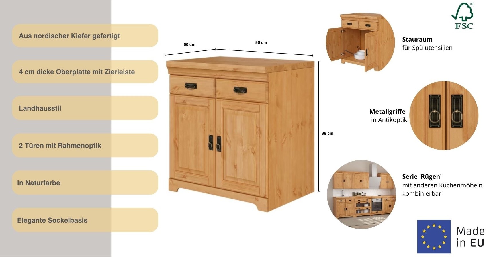 Home affaire Spülenschrank »Rügen« Breite 80 cm, Kiefer massiv, mit 2 Türen