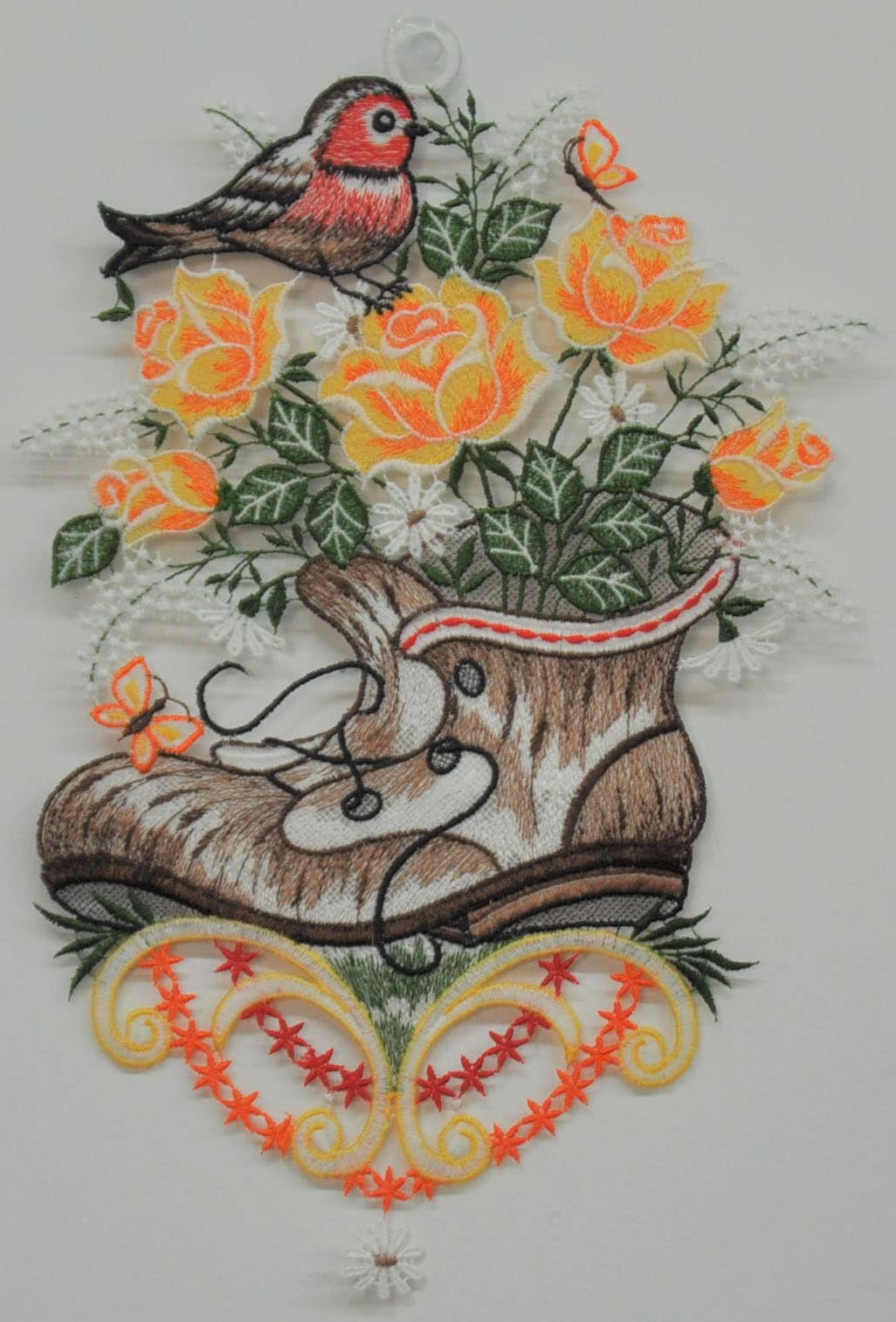 Image of Stickereien Plauen Fensterbild "Pflanzschuh mit Vogel"