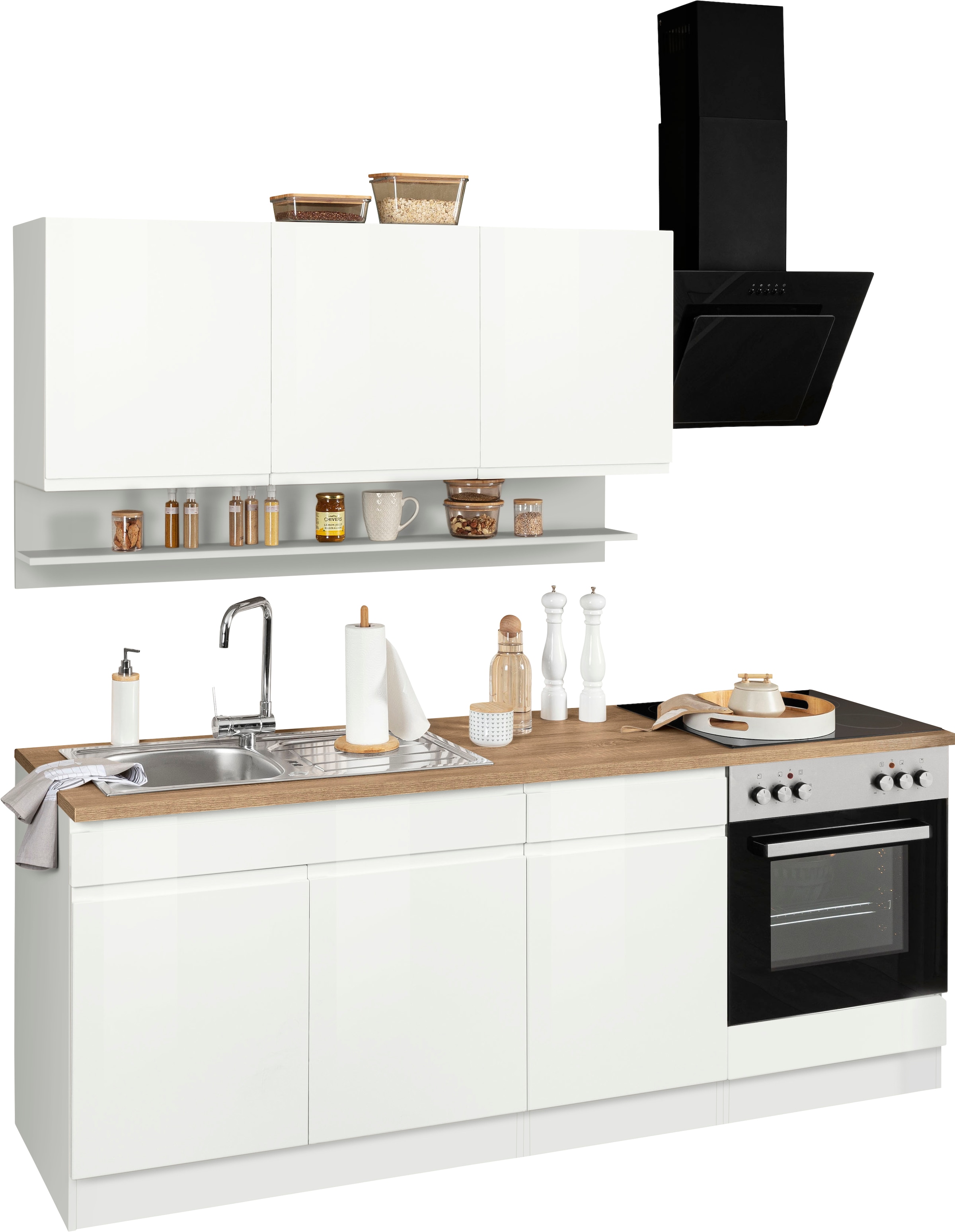 KOCHSTATION Küchenzeile »KS-Virginia,neu in verbesserter Ausführung« Arbeitsplatte 38 mm stark, Stauraum, Softclose,  Breite 210 cm,Soft-Close,wahlweise mit E-Geräten