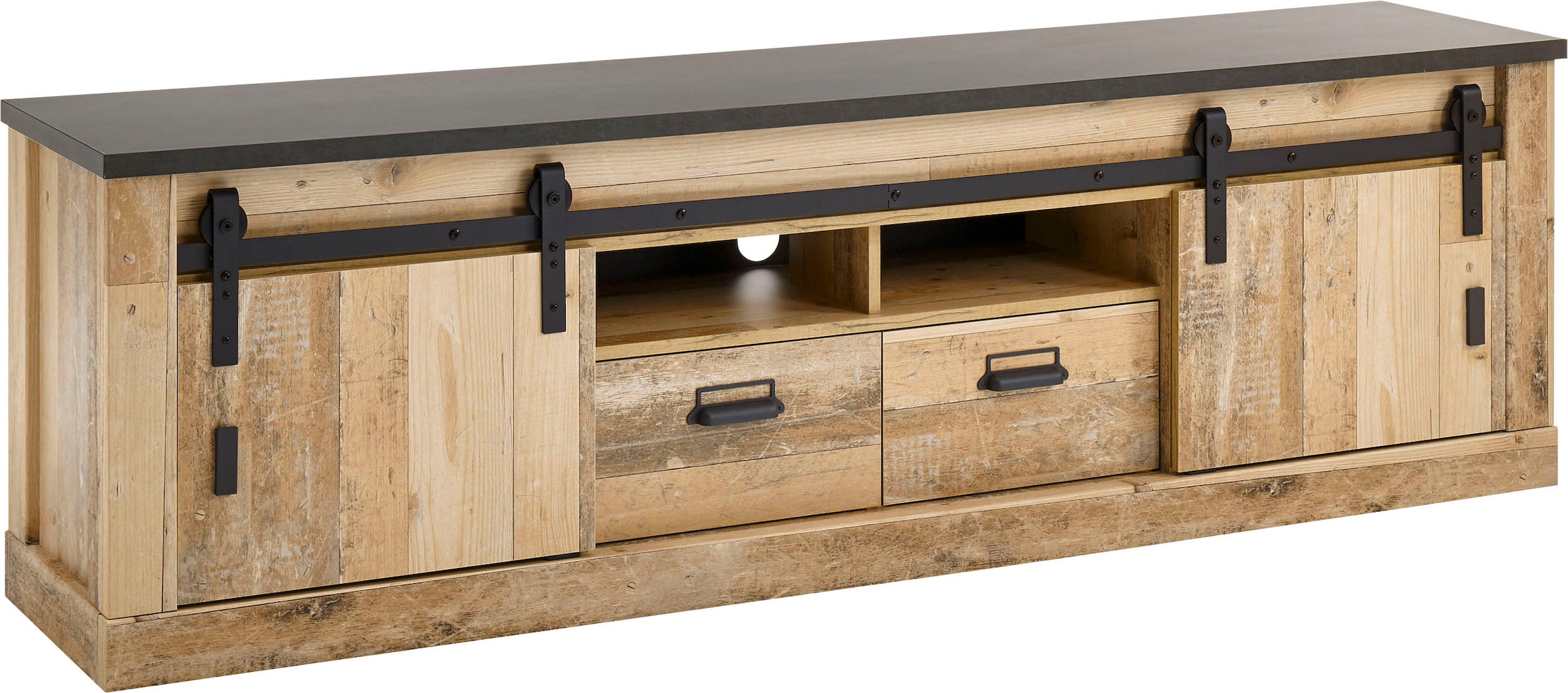 Image of Home affaire Lowboard "Sherwood, TV-Unterteil im Industrial-Style, Kommode, TV-Schrank" Scheunentorbeschlag & Apothekergriff, in 2 Farben & Grössen erhältlich