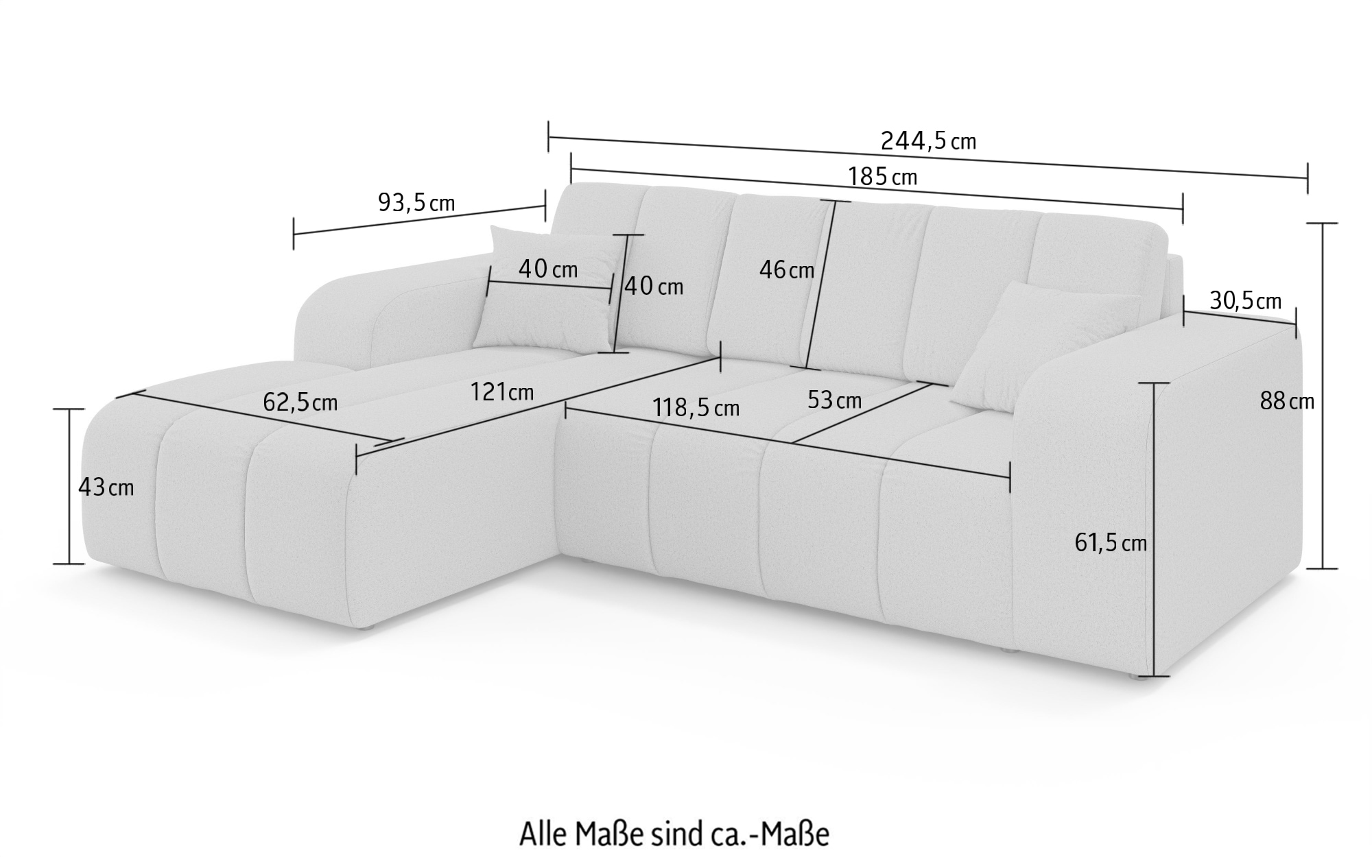 INOSIGN Ecksofa »CASSY L-Form, Schlafsofa mit Bettkasten, Masse B/T/H: 245/165/88 cm«, mit 2 Rückenkissen, Recamiere rechts oder links bestellbar