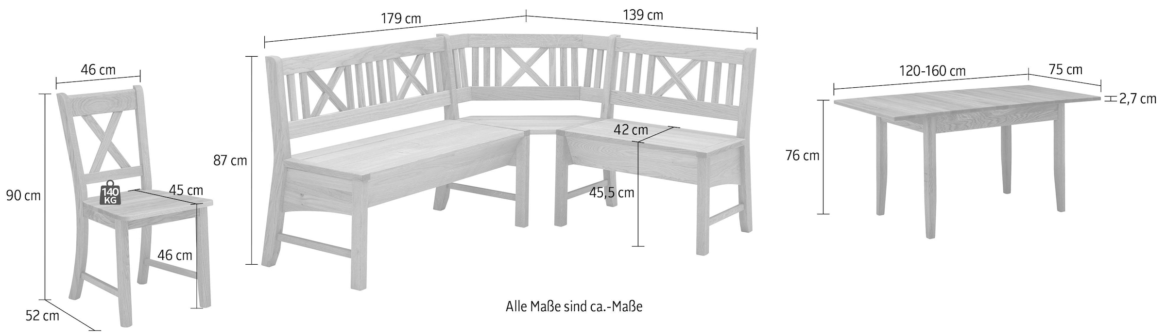 massivline&more Ensemble de bancs d'angle »Königsee« Ensemble, 4 cuis tlg. Banquette d'angle réversible, banquette d'angle avec coffre, avec extension 120 (160) cm