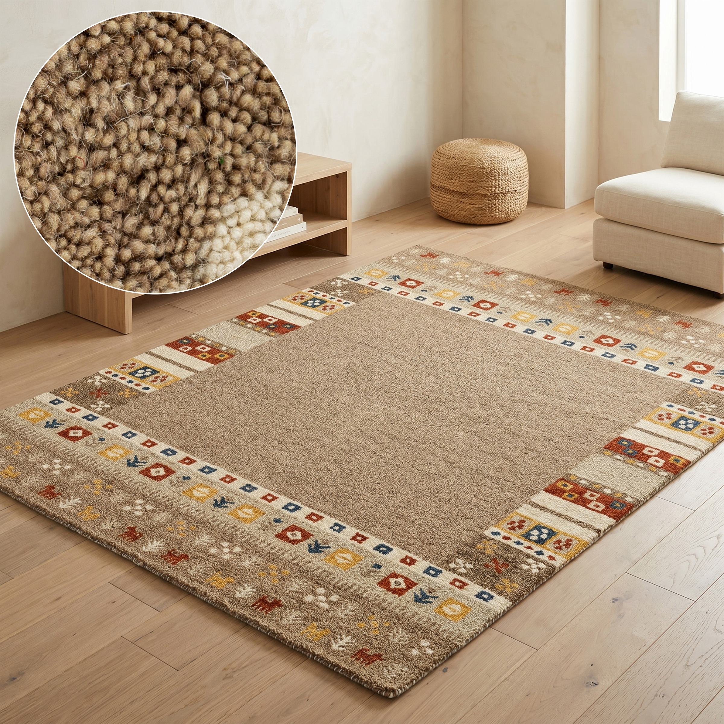 THEKO Tapis en laine »Gabbeh Rahmen, reine Wolle, Handgefertigt, mit Bordüre« Rectangulaire 14 mm Höhe Motif animalier, salon, chambre à coucher, salle à manger