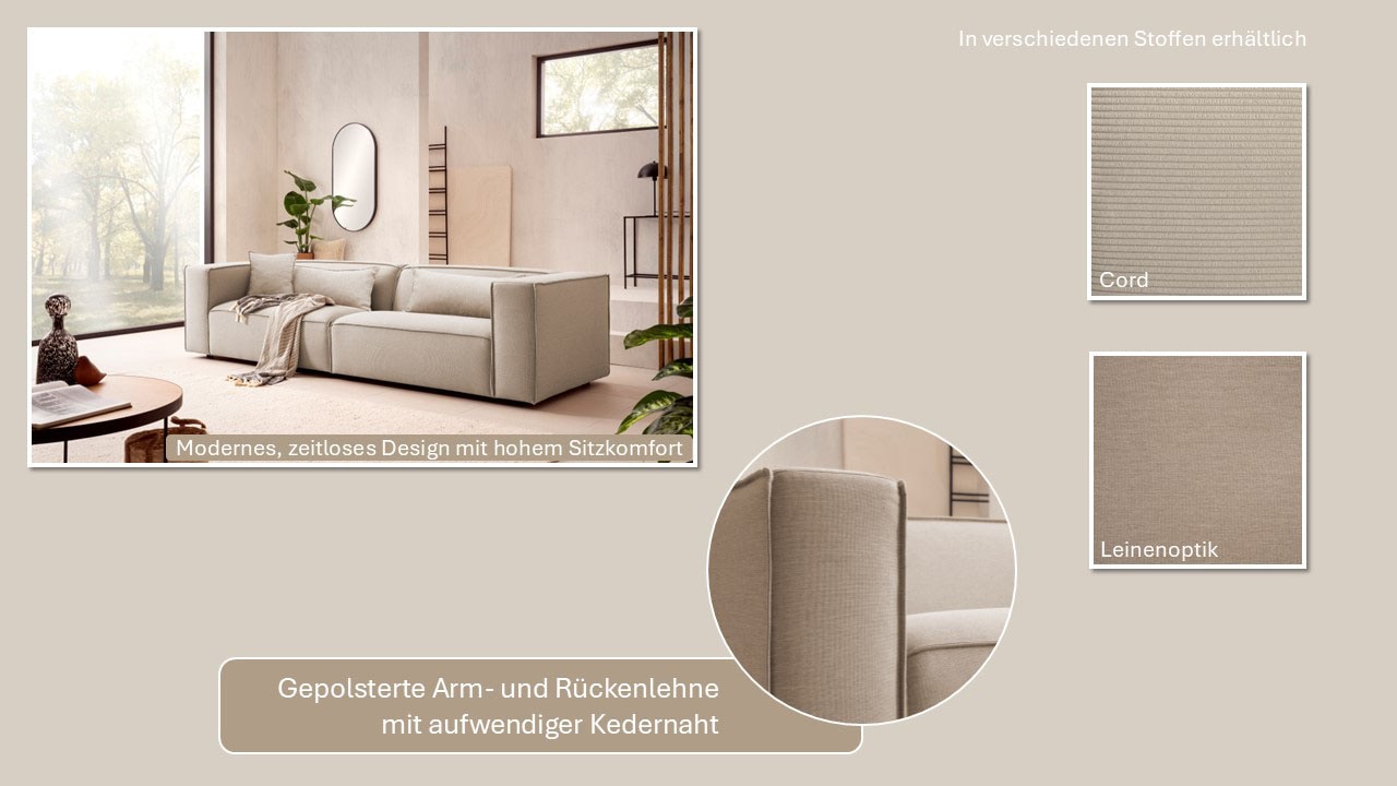 LeGer Home by Lena Gercke 3-Sitzer »PIARA, Couch mit Kedernaht, Sofa in Cord oder Leinenoptik«, schwarze Füsse, bequemer Sitzkomfort