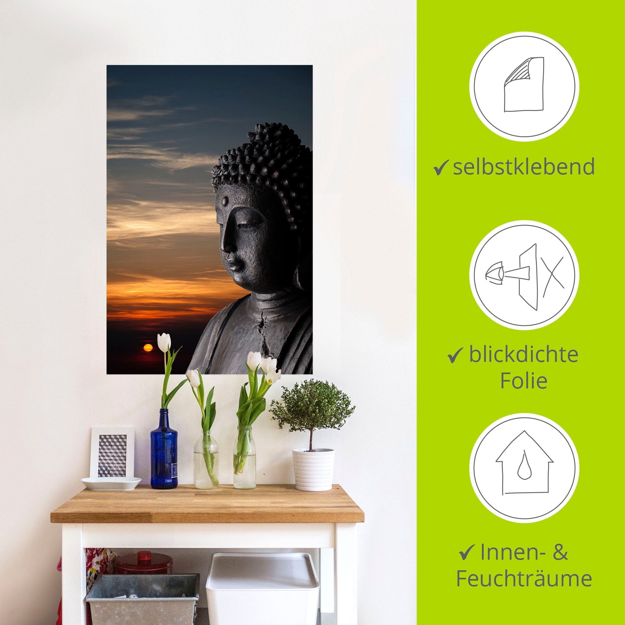 Artland Wandbild »Buddha Statue vor Sonnenuntergang«, Buddhismus, (1 St.), als Alubild, Leinwandbild, Wandaufkleber oder Poster in versch. Grössen